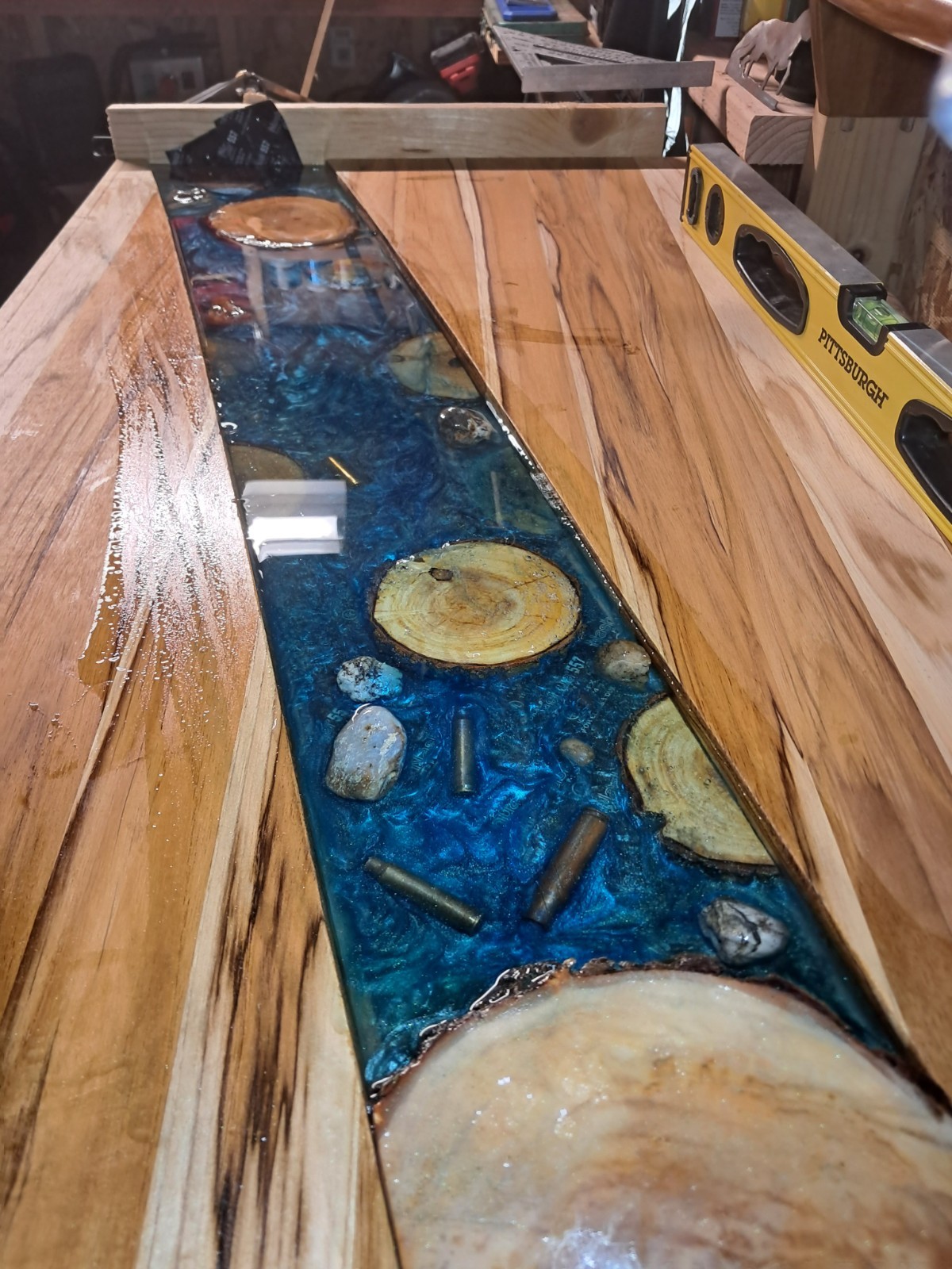 Rectangular Wood & Blue Epoxy Coffee Table 40″x32″ Polished Abstract