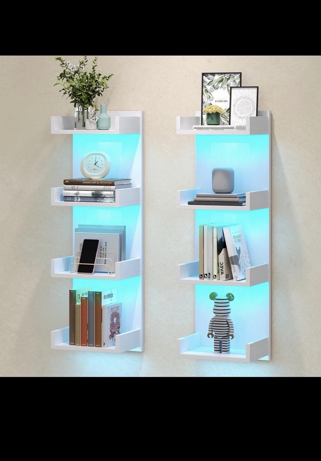 VIWODS 4-Tier Floating Wall Shelf w/ RGB LED Lights White Modern Display