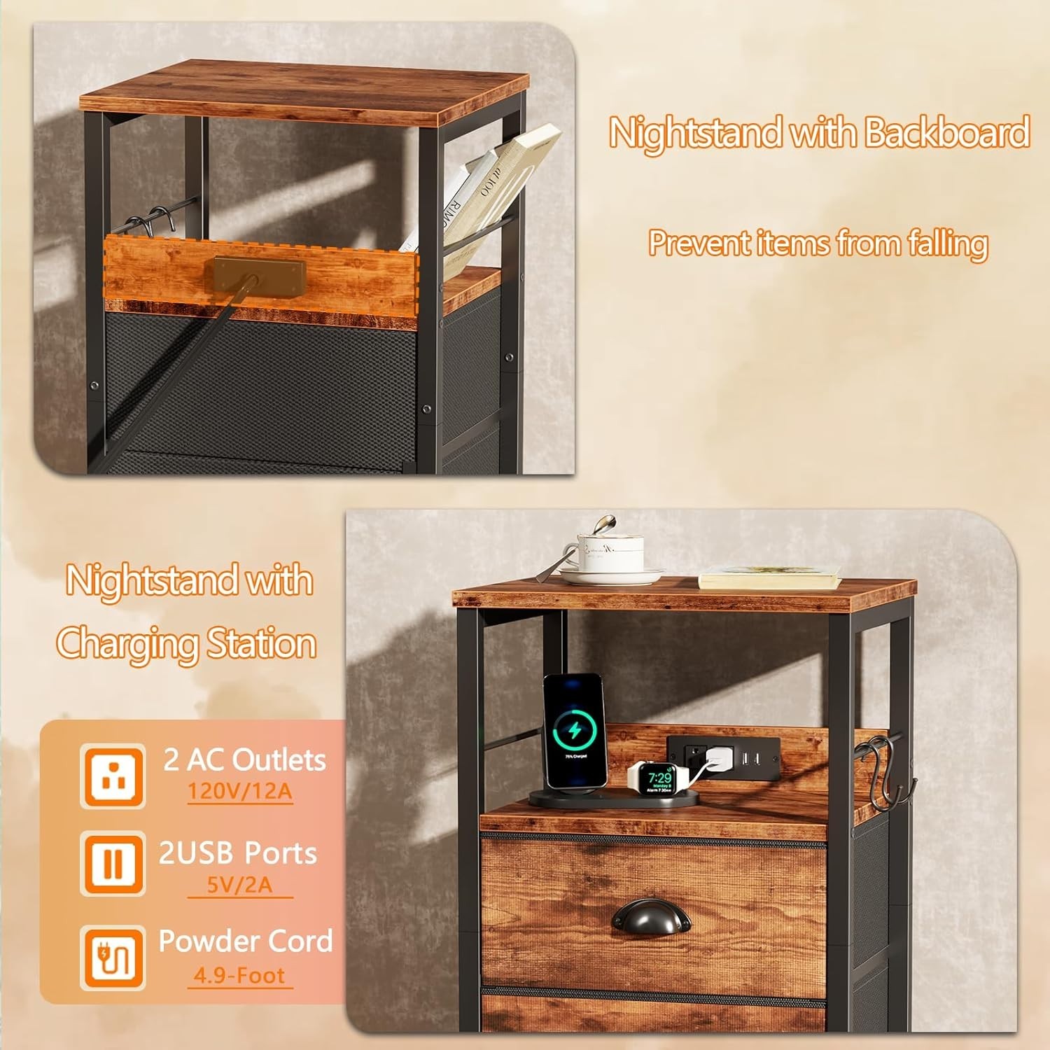 Rustic Brown Night Stand with 2 Drawers & USB Charging Station for Modern Living