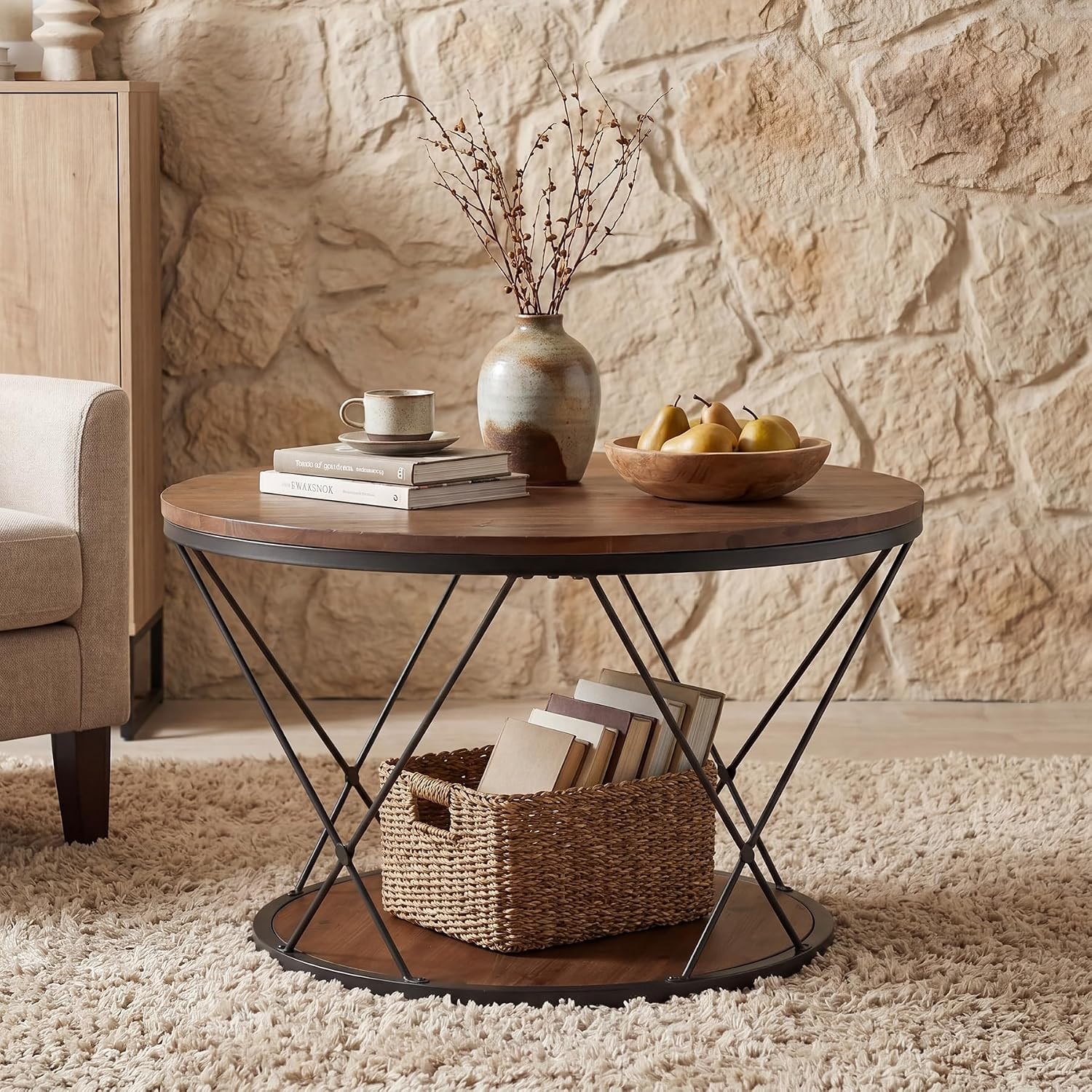 31.5″ Solid Wood Round Coffee Table, Industrial 2-Tier Circle Center Tea Table