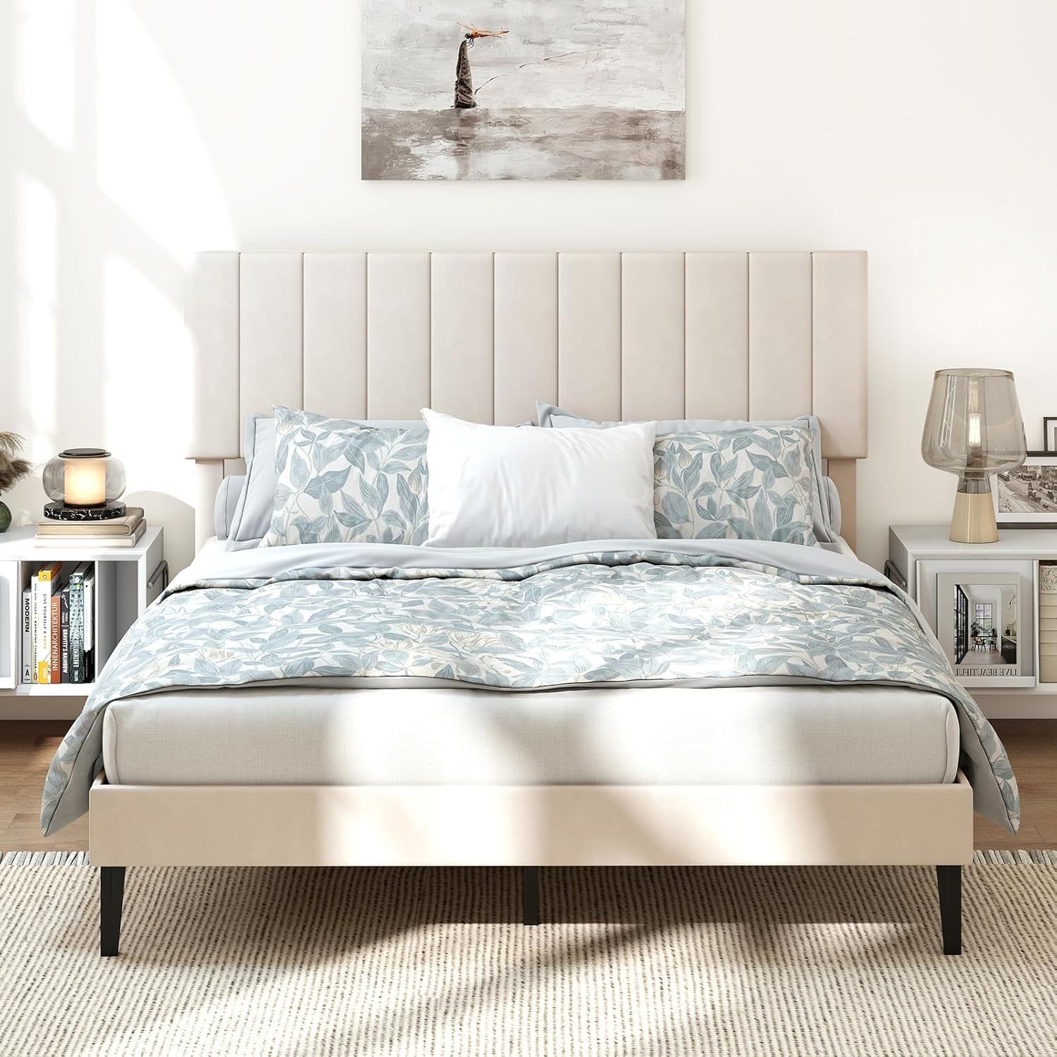 Base De Cama Queen Beige Con Cabecera De Madera Moderna Plataforma En Oferta New