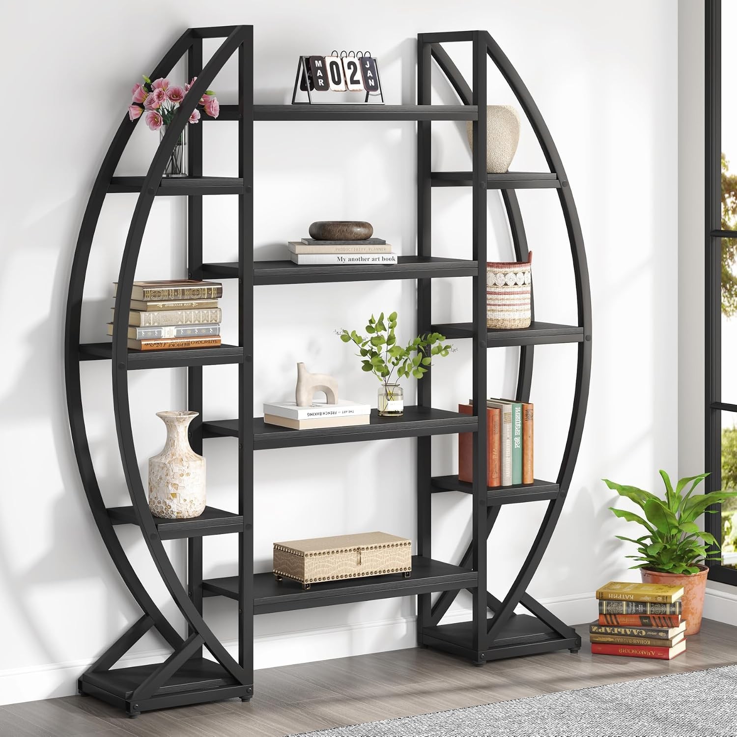 Oval Bookshelf Triple Wide 5 Tiers Etagere Bookcases Industrial Display Shelves