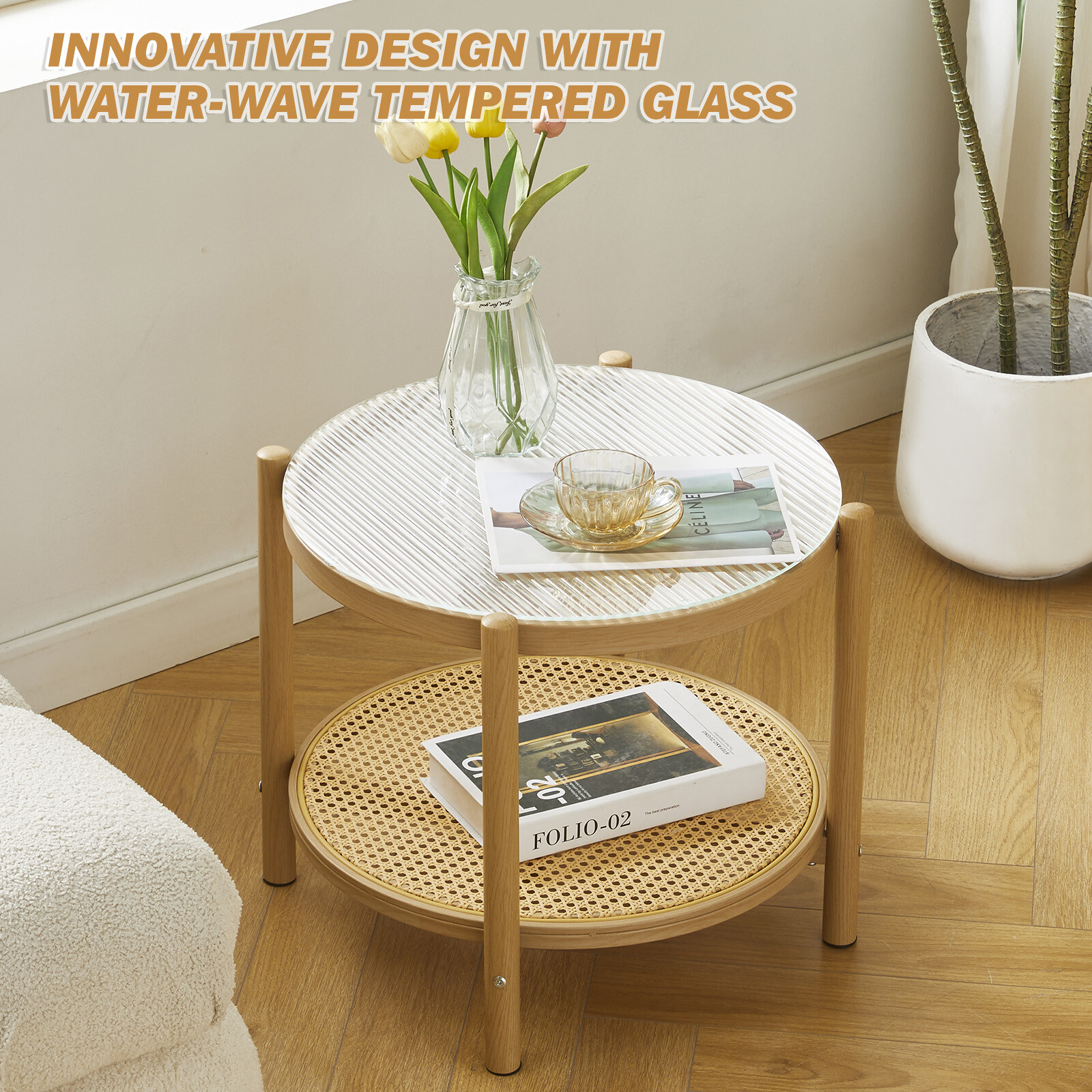 Modern 2-Tier Round Rattan Coffee Table Glass Metal Small End Table Living Room