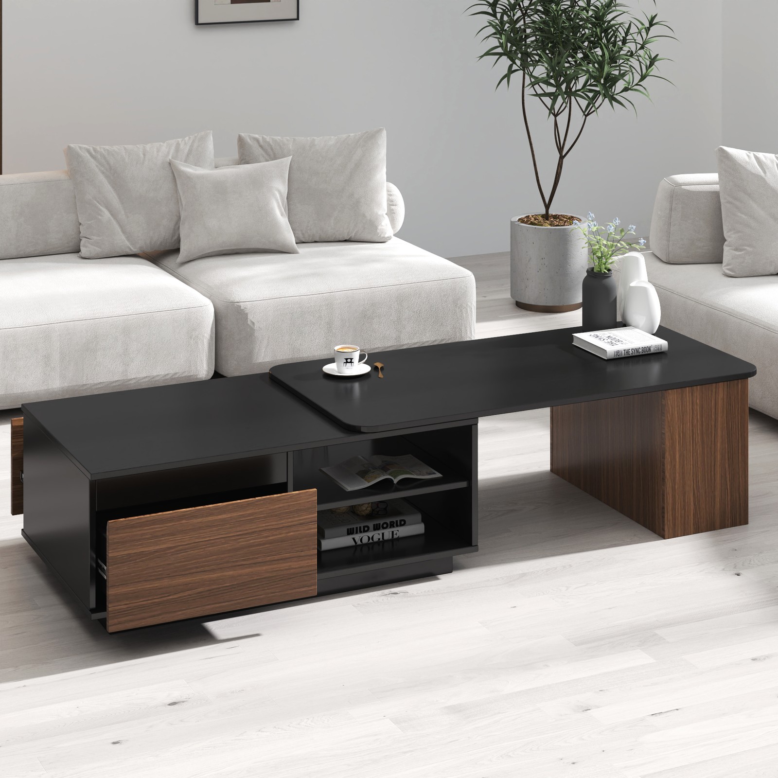 Extendable Coffee Table Adjustable Length 2 Drawers Black Walnut Brown