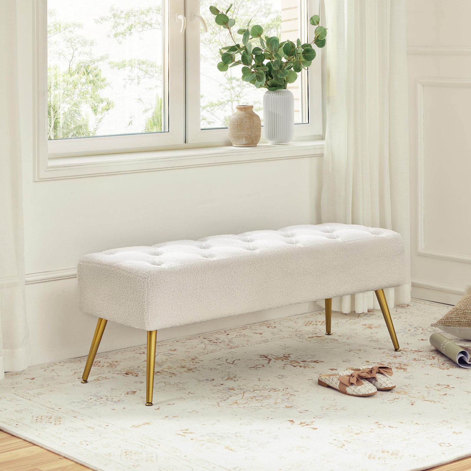 Dining Bench, Button-Tufted Upholstered Bench with Gold Metal Base for Kitchen