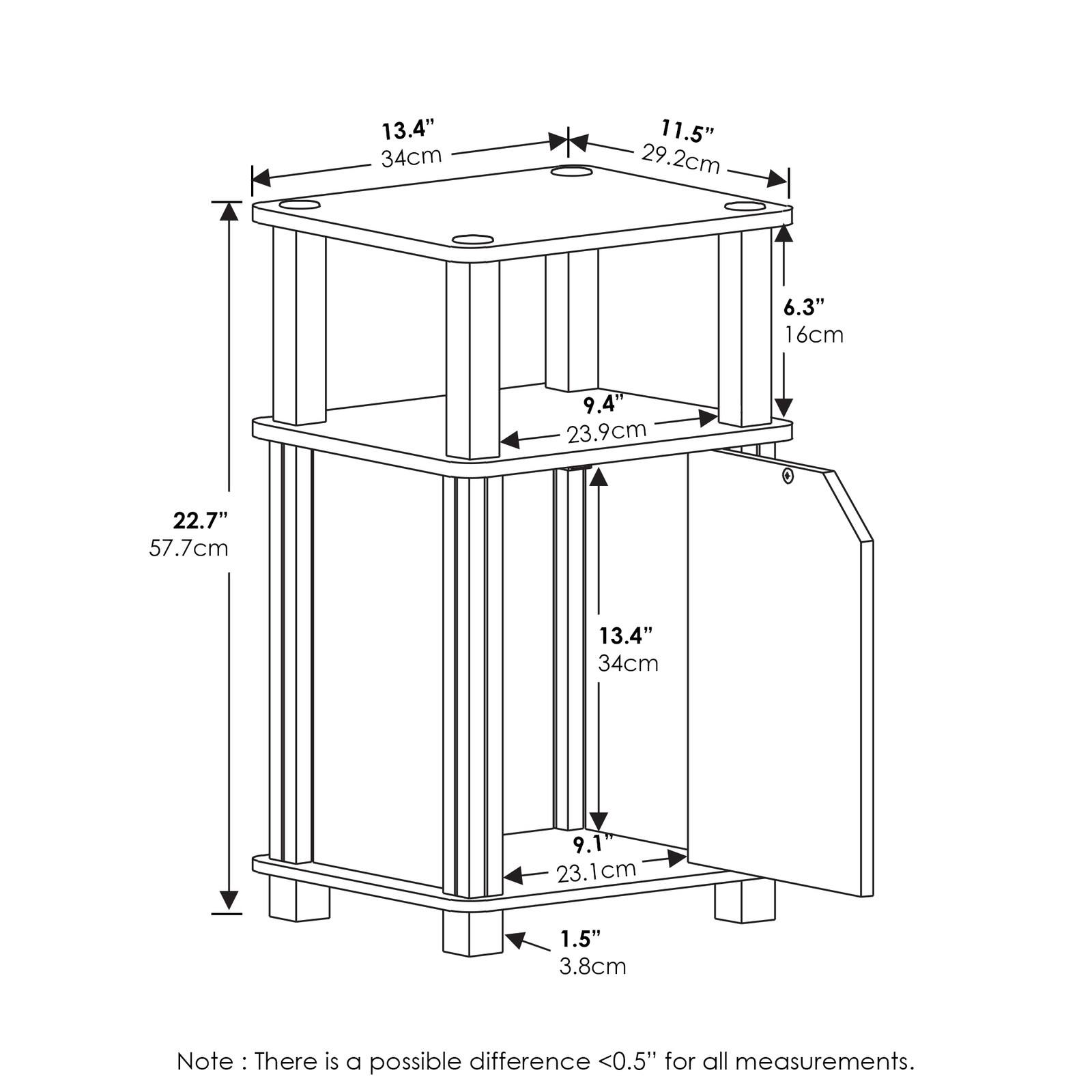Furinno JUST 3-Tier End Table with Door in French Oak/Black