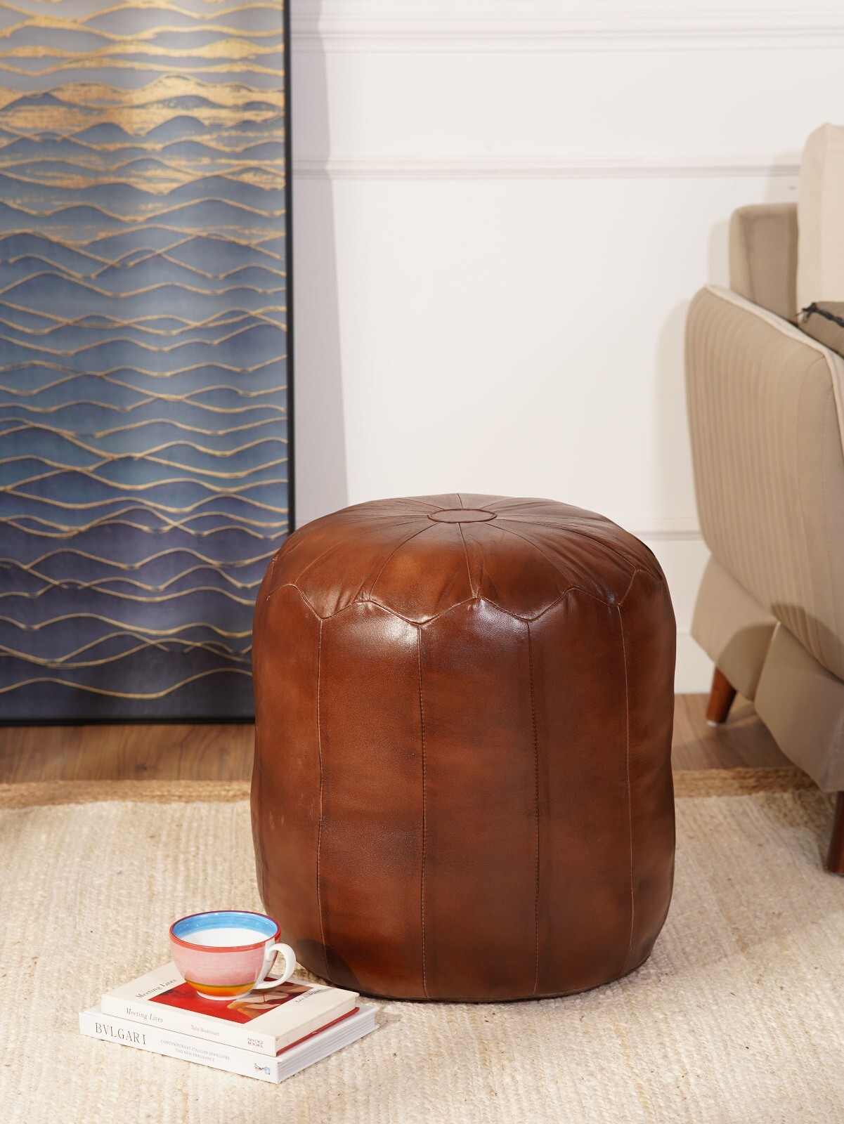 BBH HOMES HANDMADE ECO-FRIENDLY ROUND SHAPED STUFFED BUFFALO LEATHER BROWN POUF