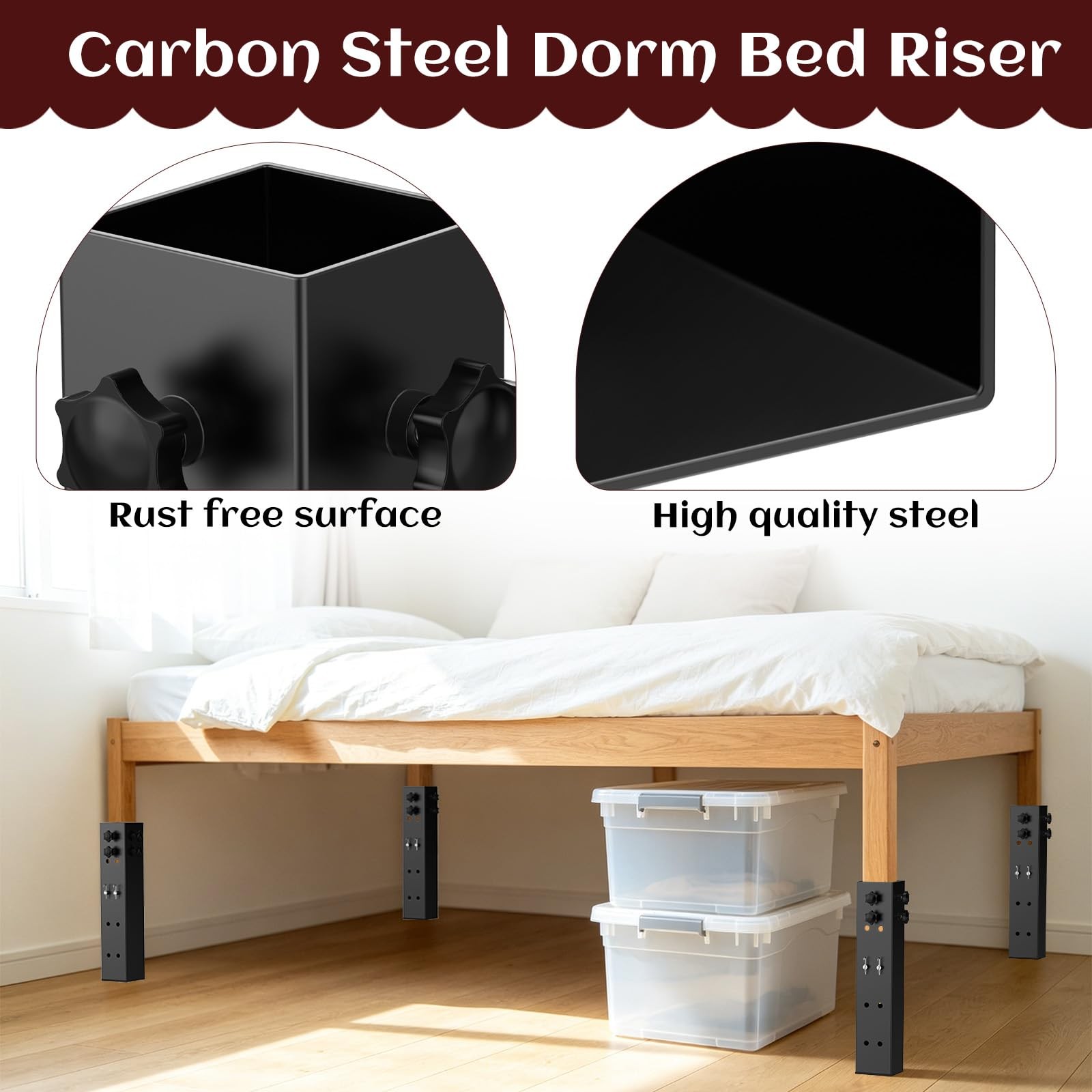 IRENPORU 4 Pack Carbon Steel Dorm Bed Riser 3.15″ Diameter Metal Bed Riser fo…