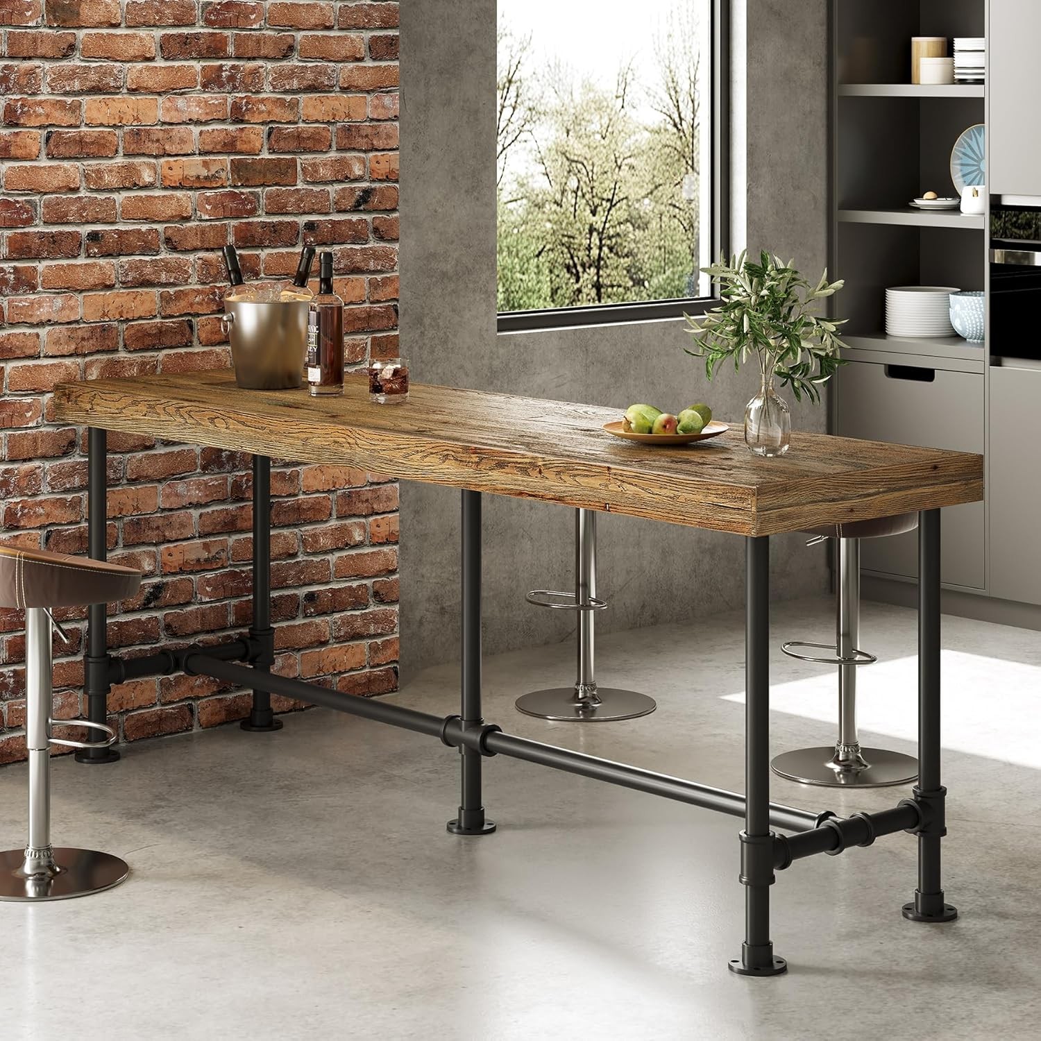 70.9” Solid Wood Bar Table Industrial Narrow High Top Bar Unit for 6-8 People