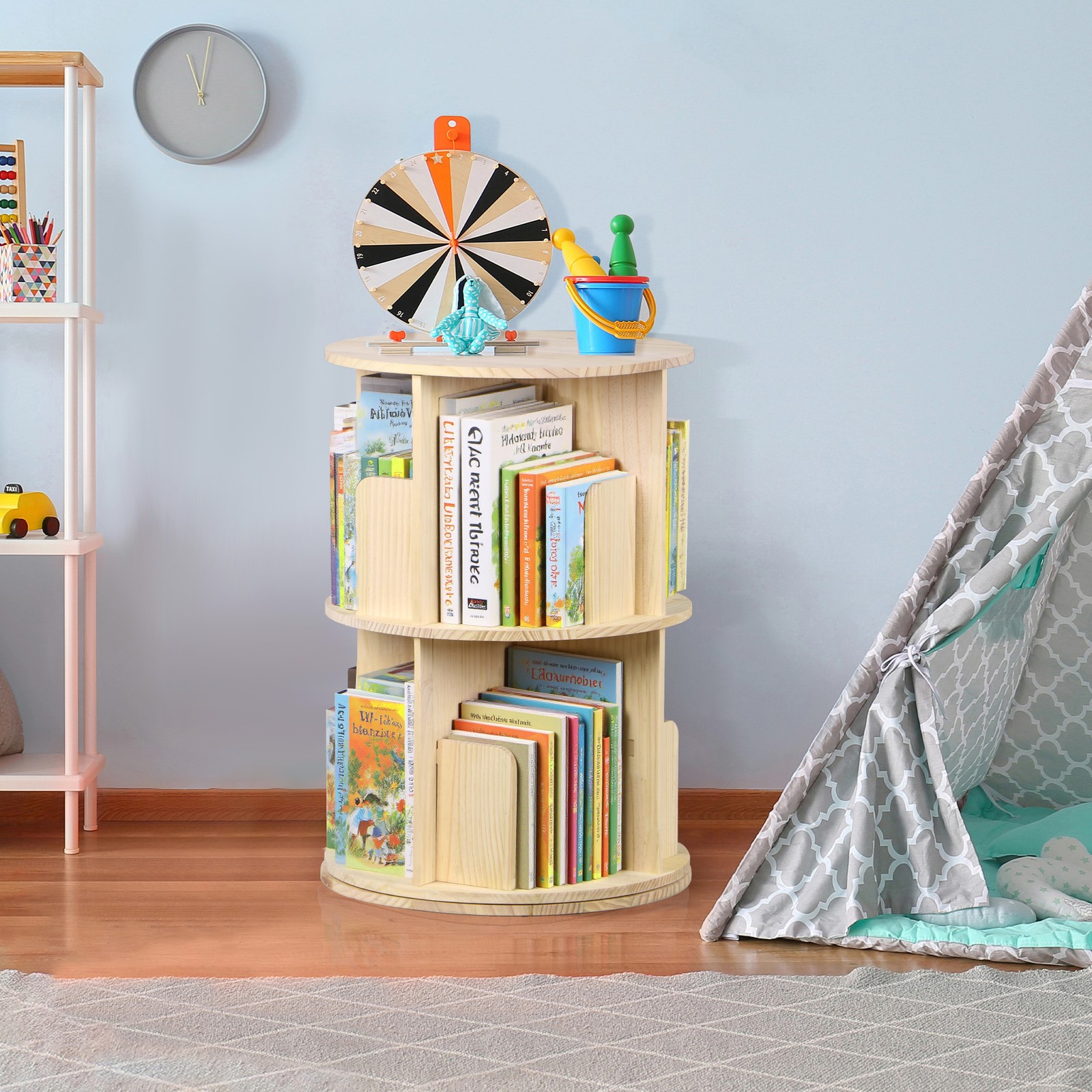 Rotating Bookshelf 360° Display 2-Tier Corner Bookshelf Floor Standing Bookcase