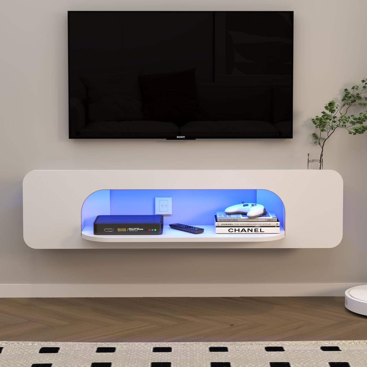 Modern 48” Floating TV Stand with LED Lights & Open Shelf – White