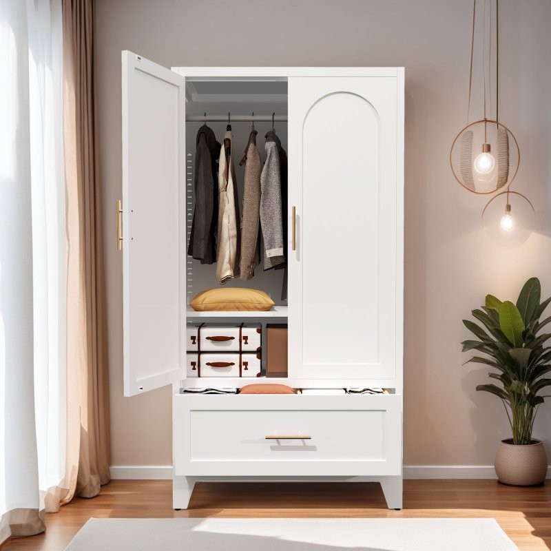 60″ Metal Wardrobe Cabinet Armoires Closet W/ Hanging Rod,1-Drawer,2 Doors,Shelf