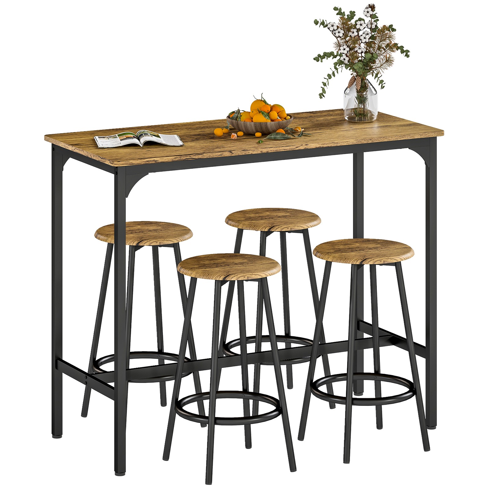 5 Piece Bar Table Set for 4, Counter Height Table & 4 Stools, Rustic Brown
