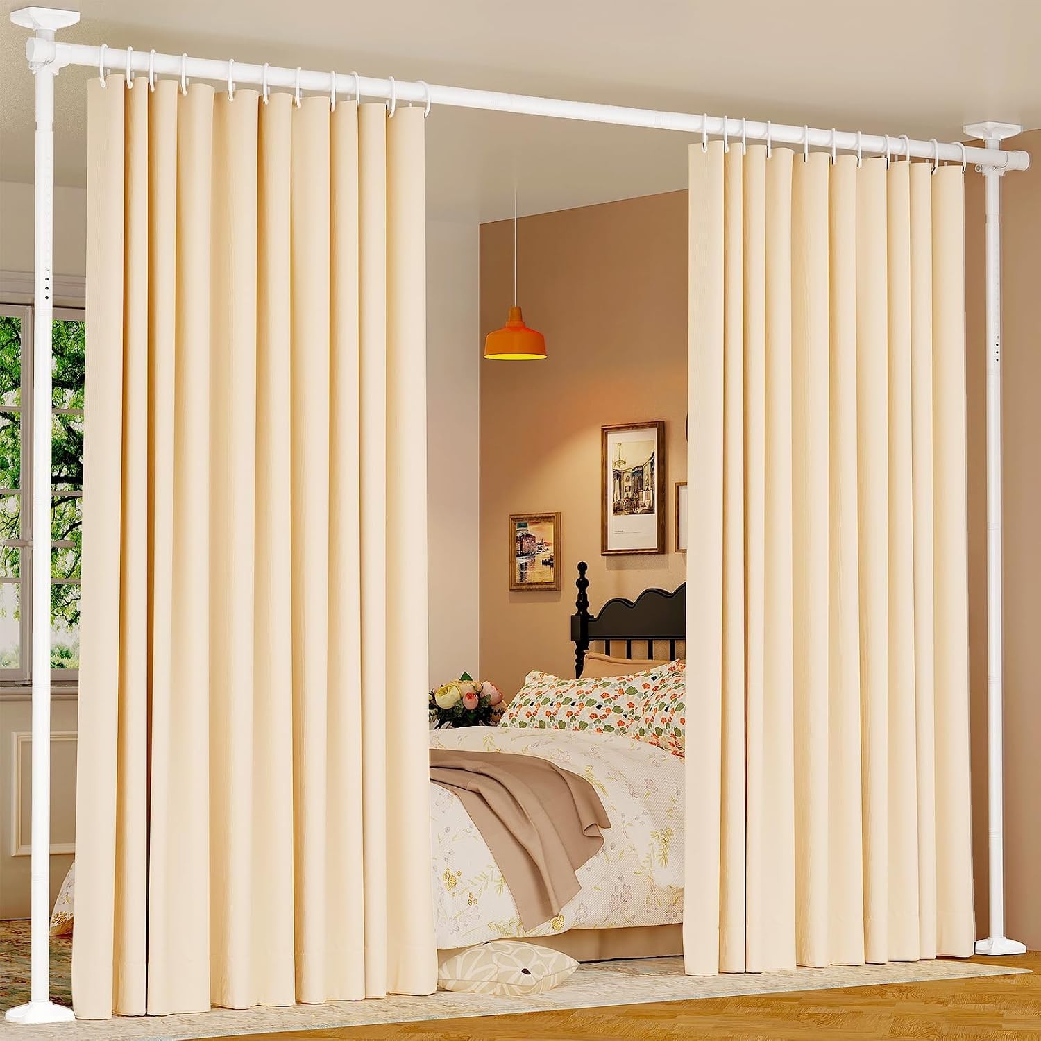 Adjustable Room Divider with Tension Rods for Privacy – No Drilling Required