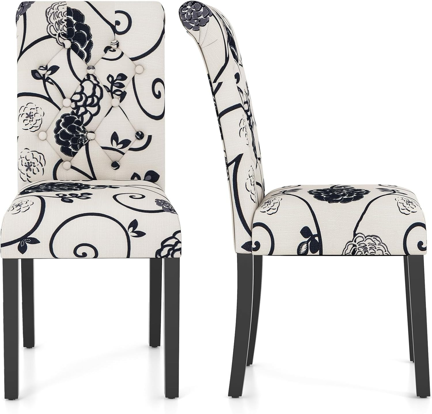 Set of 2 Tufted Upholstered Dining Chairs with Padded Seat & Rubber Wood Legs