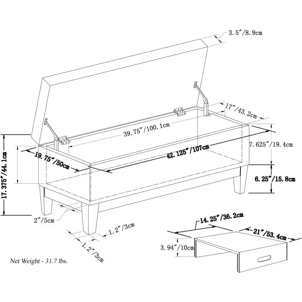 Oregon 42 In. Wide Transitional Rectangle Storage Ottoman Bench with Tray in Sat