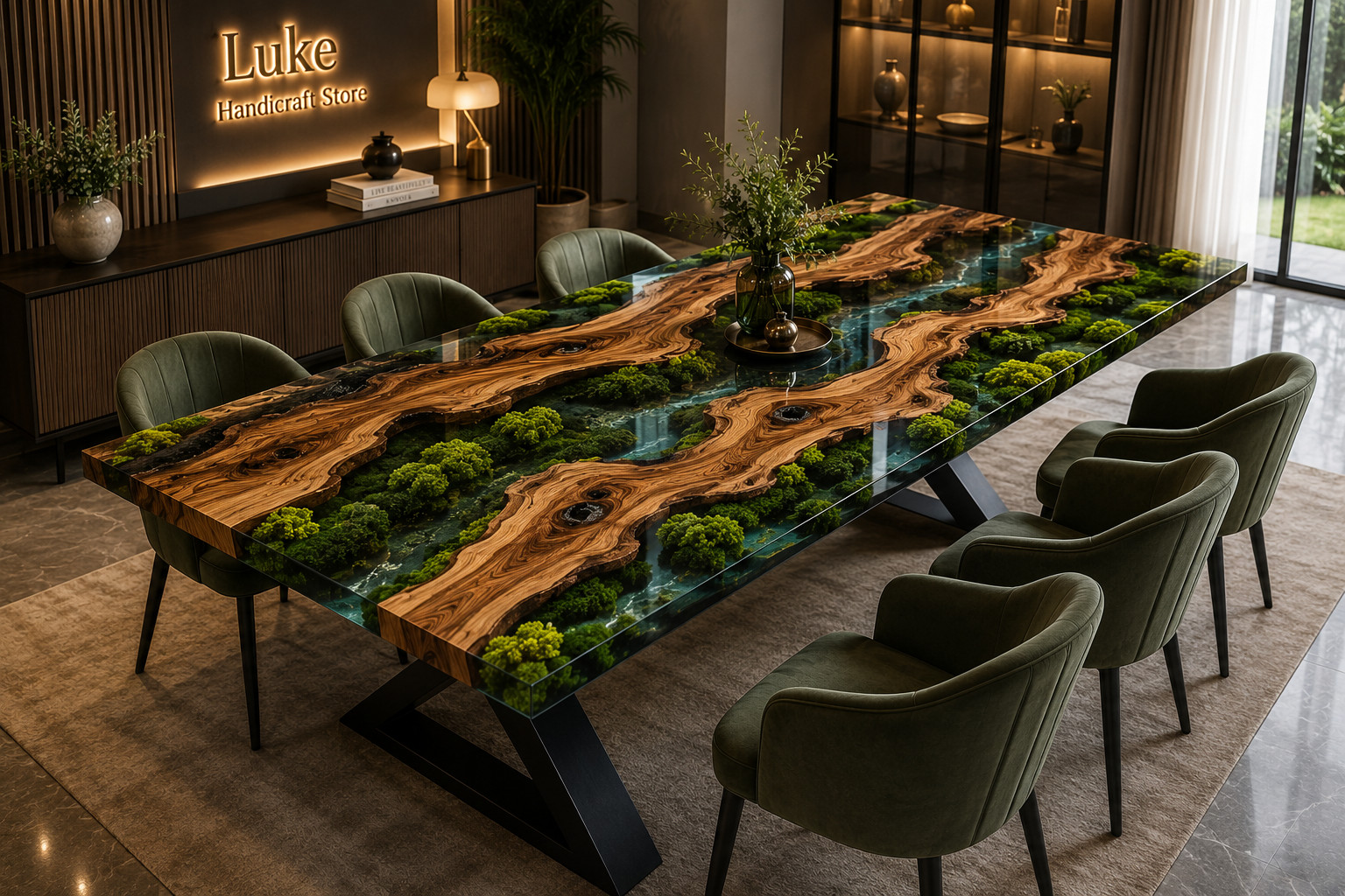 Live Edge Olive Wood Moss River Dining Table | Emerald Green Epoxy Resin Table |