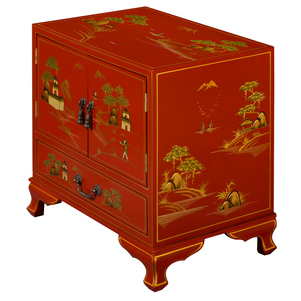 US Seller – Chinoiserie Scenery Motif Oriental Accent Cabinet