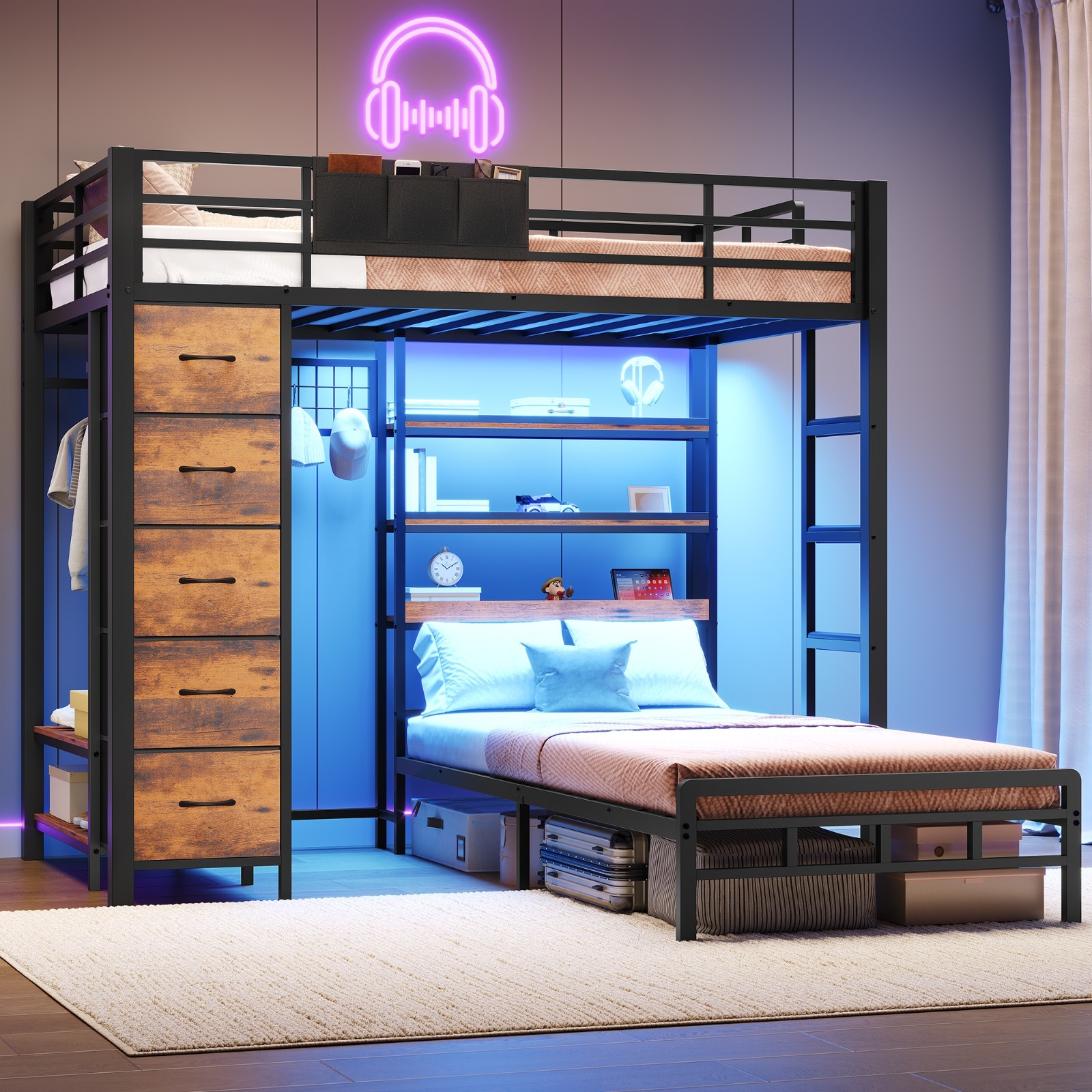 Bunk Bed Twin Over Twin with Storage Bookshelves& Drawers& Hall Tree
