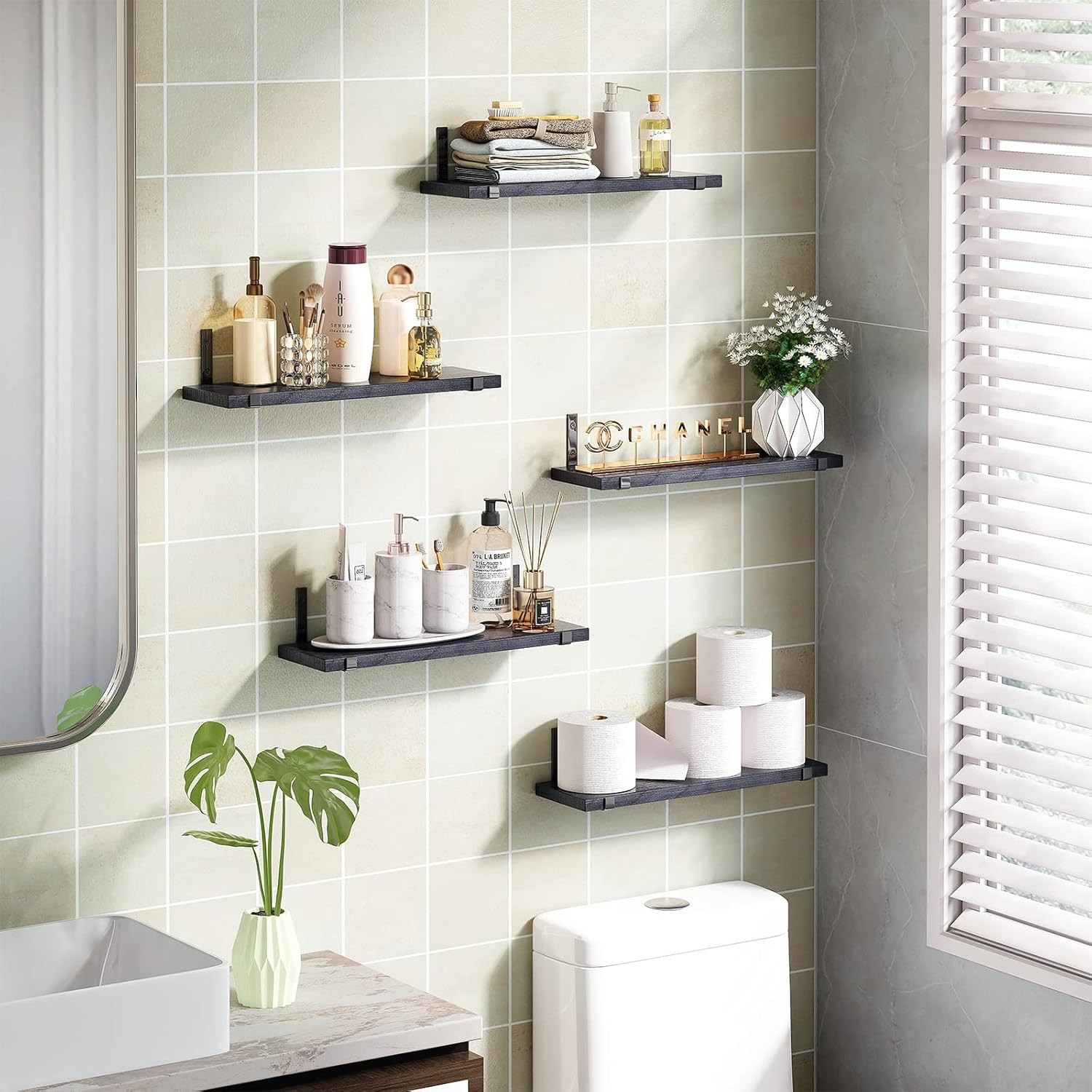 Fixwal Floating Shelves Set of 5, Width 4.7 Inches Black Wall Shelves,