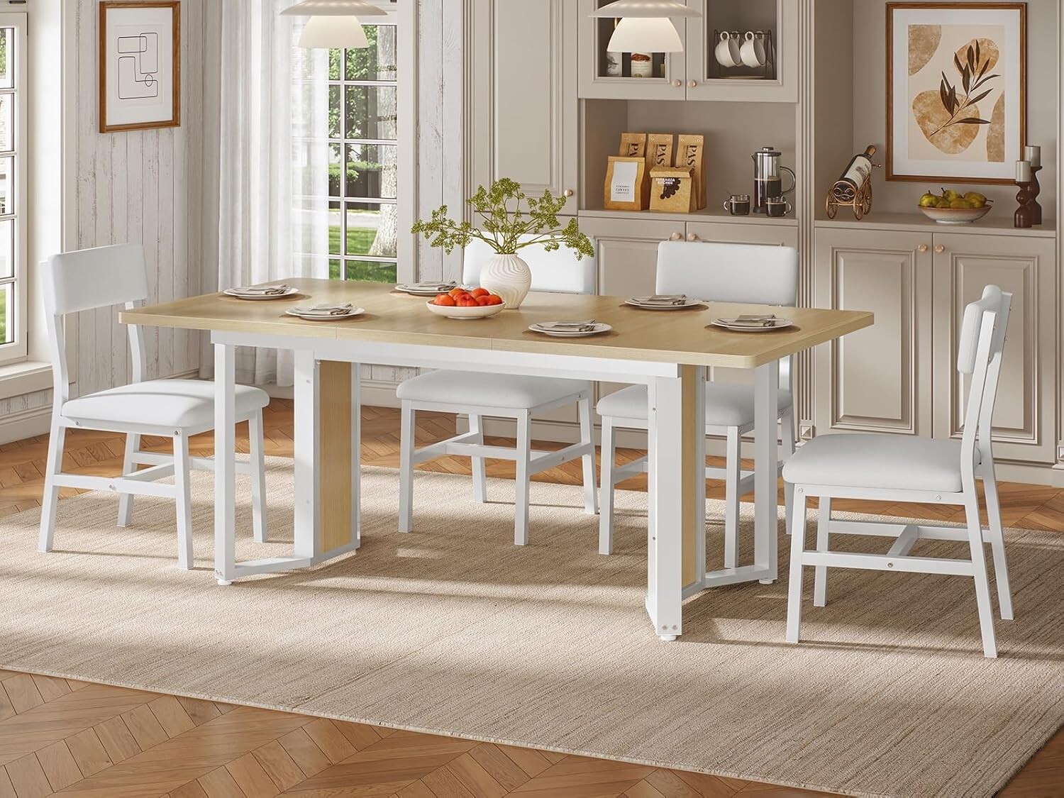 4-6 People Dining Table Set with 63″ Extendable Kitchen Table & 4 Cushion Chairs