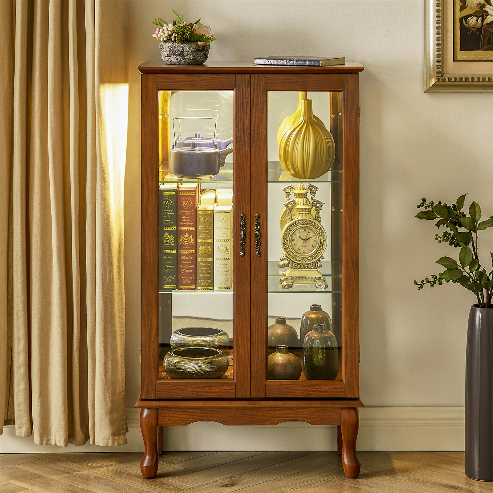 3 Tier Lighted Wooden Curio Display Cabinet w/Glass Doors and Adjustable Shelves