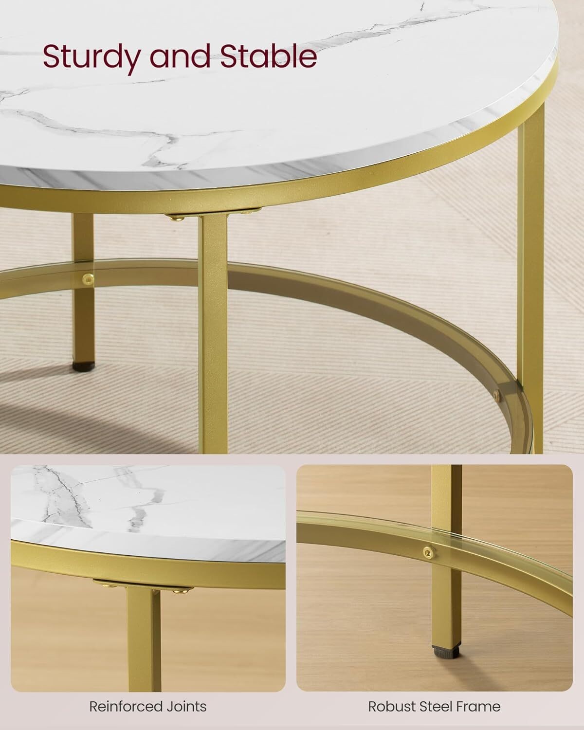 Round Coffee Table, Small Coffee Table with Faux Marble Top and Glass Storage