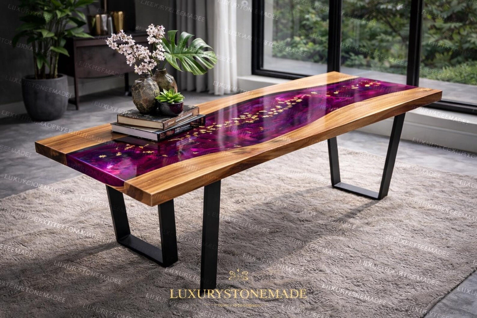 Walnut Purple Epoxy River Table Top Gold Flake Live Edge Dining