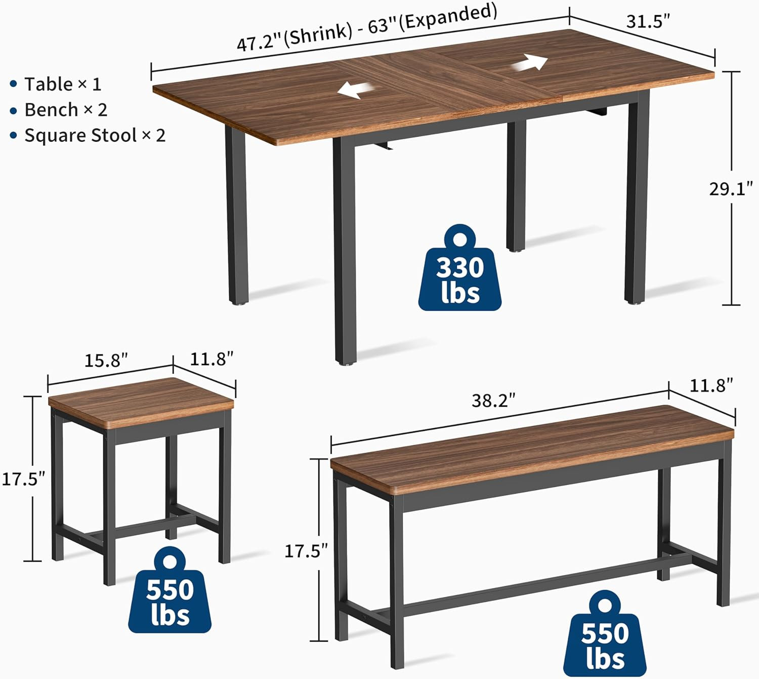 Extendable 5-Piece Dining Set for 4-8, Modern Space-Saving Furniture, Brown