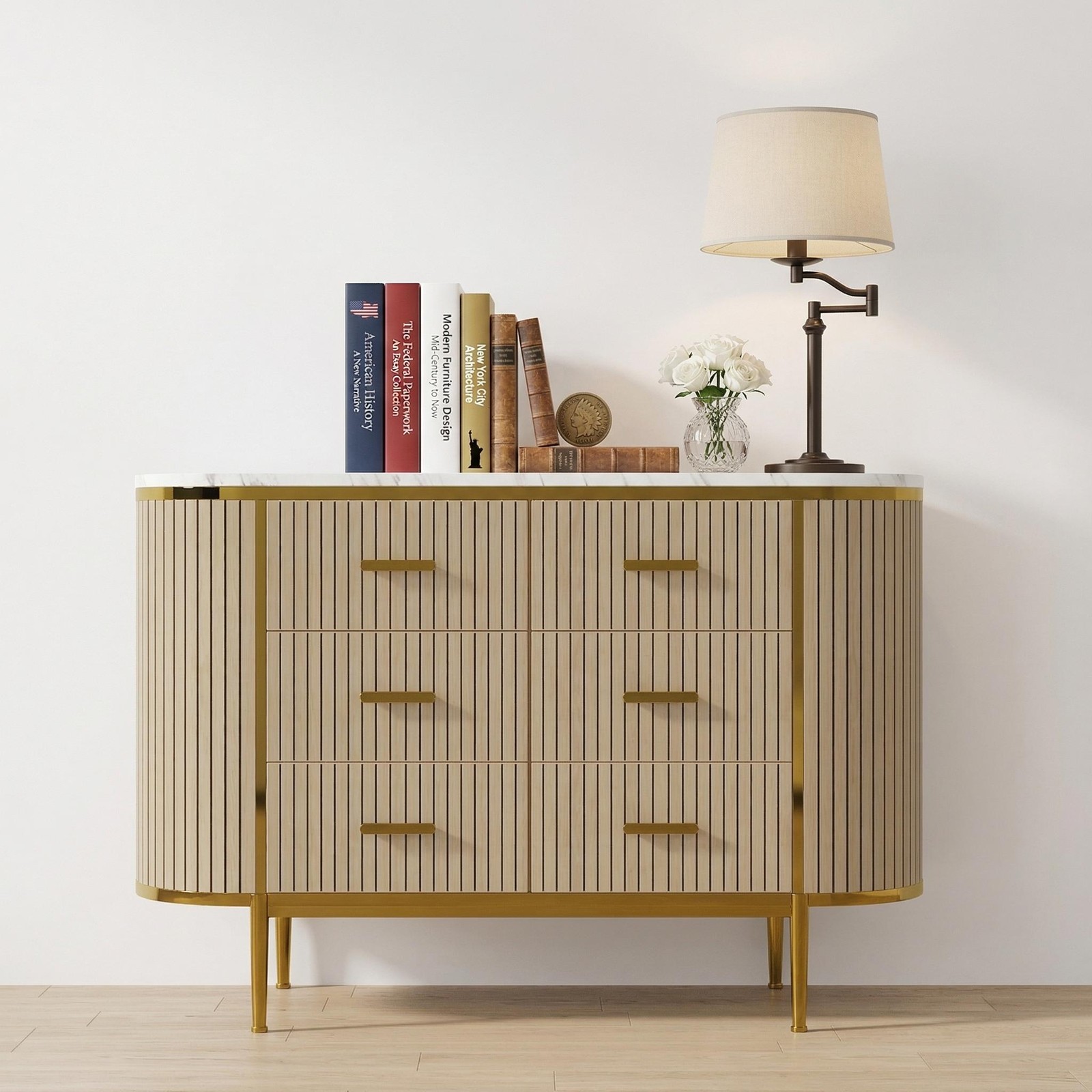 Fluted 6 Drawer Dresser, 47.2in Wide Mid Century Modern Wooden Chest of Drawers