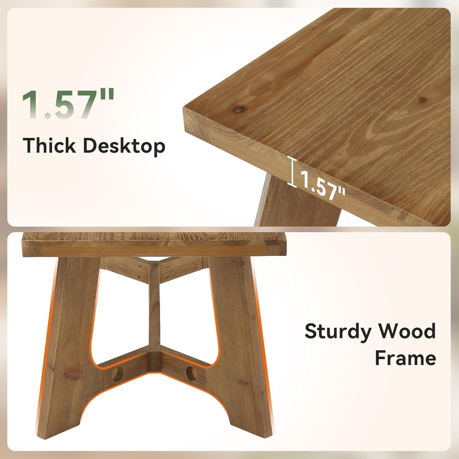 47.24Inch Solid Wood Rustic Coffee Table, Rectangle Accent Table for Living Room