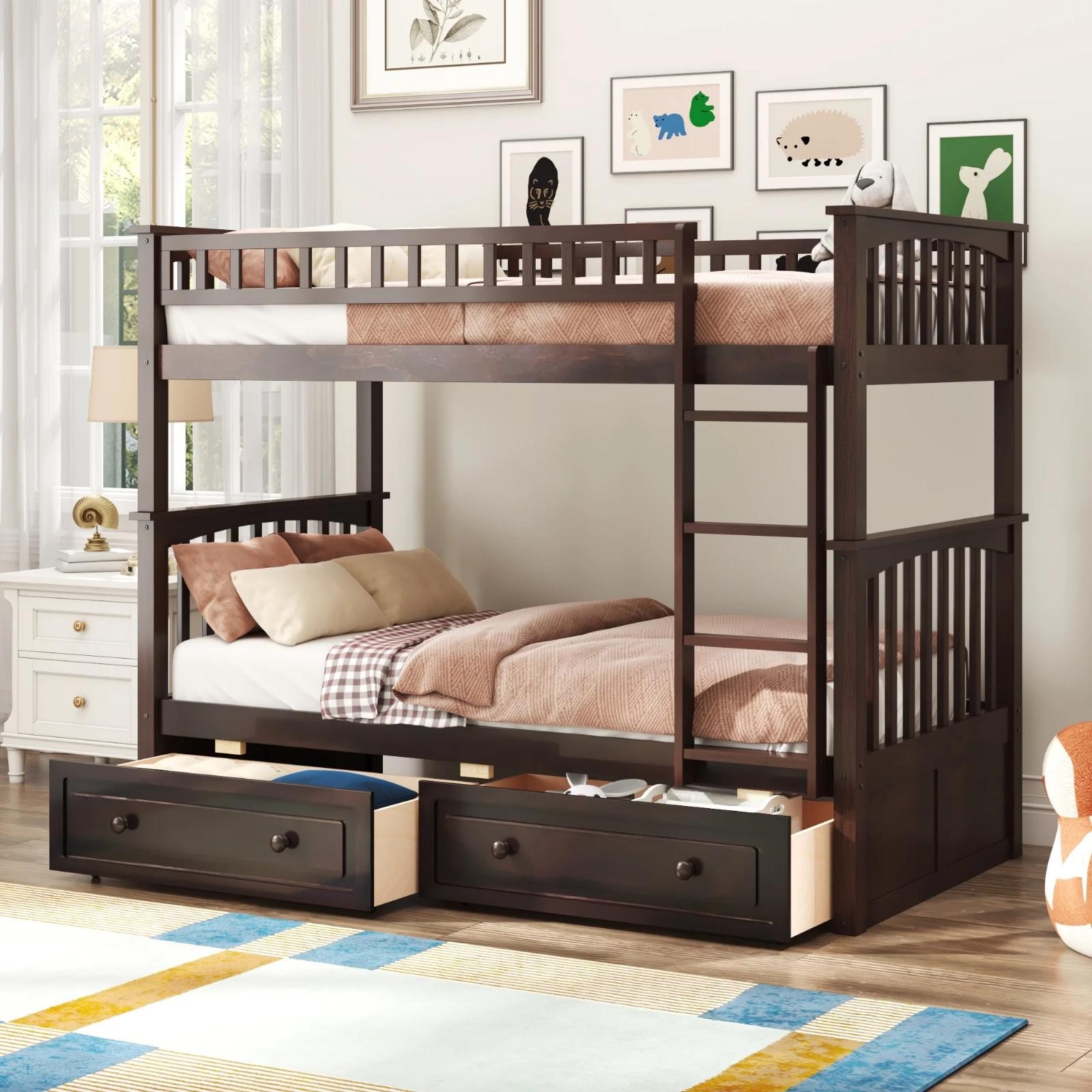 Modern Solid Wood Twin-Over-Twin Platform Bunk Bed 2 Drawers Guardrails Stairs