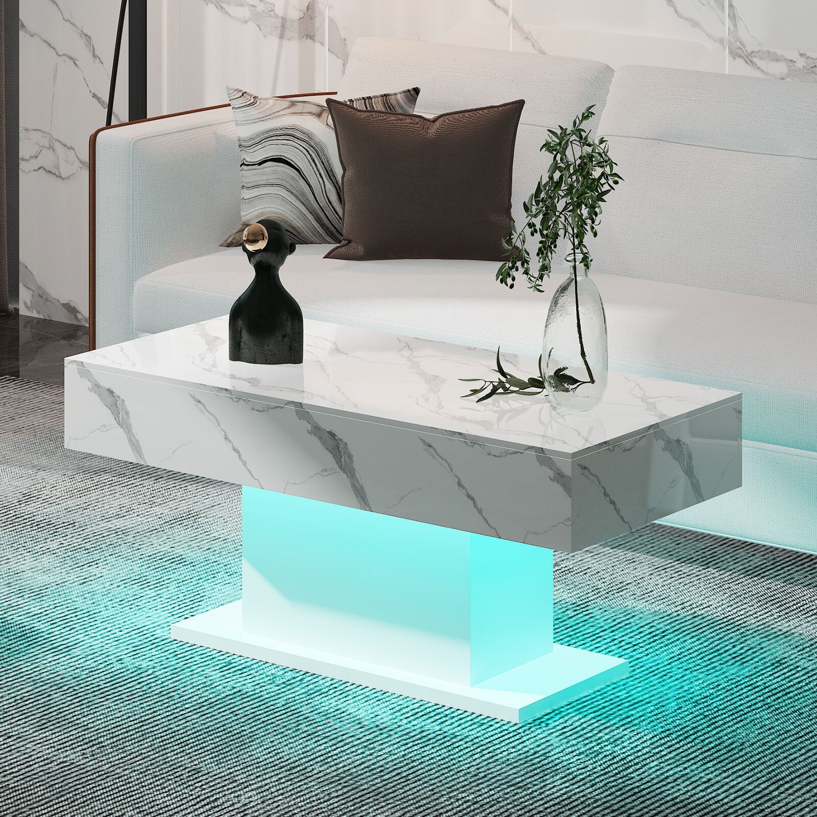 LED Coffee Table with Lights Center Cocktail Table Living Room High Gloss Marble