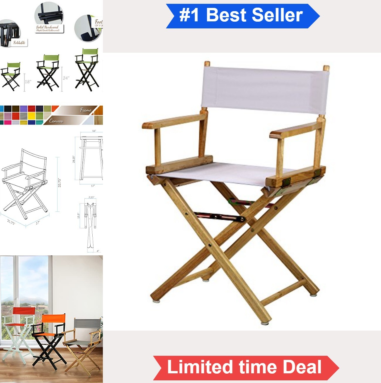 Directors Chair 18 Inch Natural Wood Frame White Canvas Foldable Portable