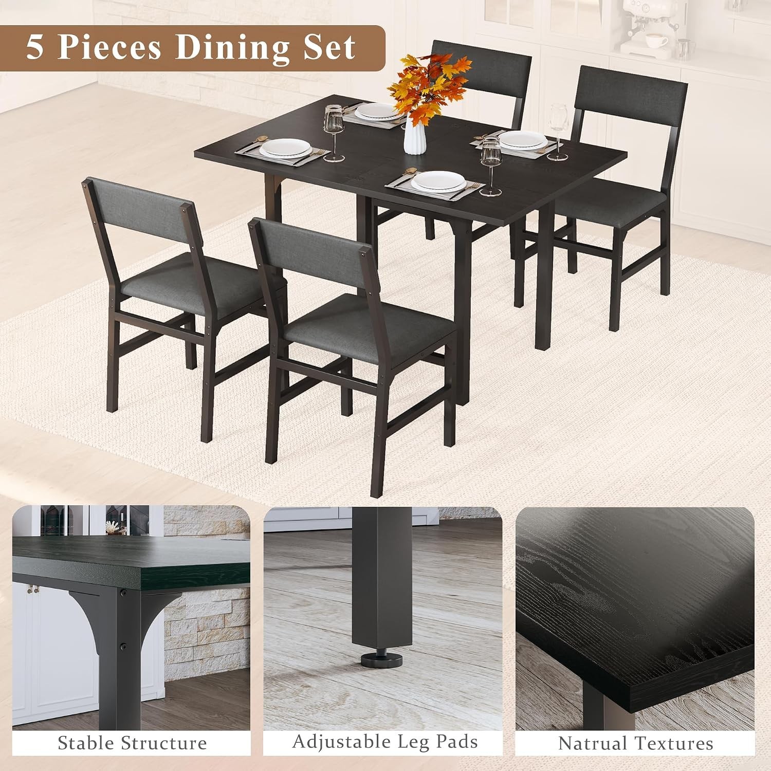 Rectangle Dining Table Chairs Set of 4 Extendable Kitchen Table Cushion Metal