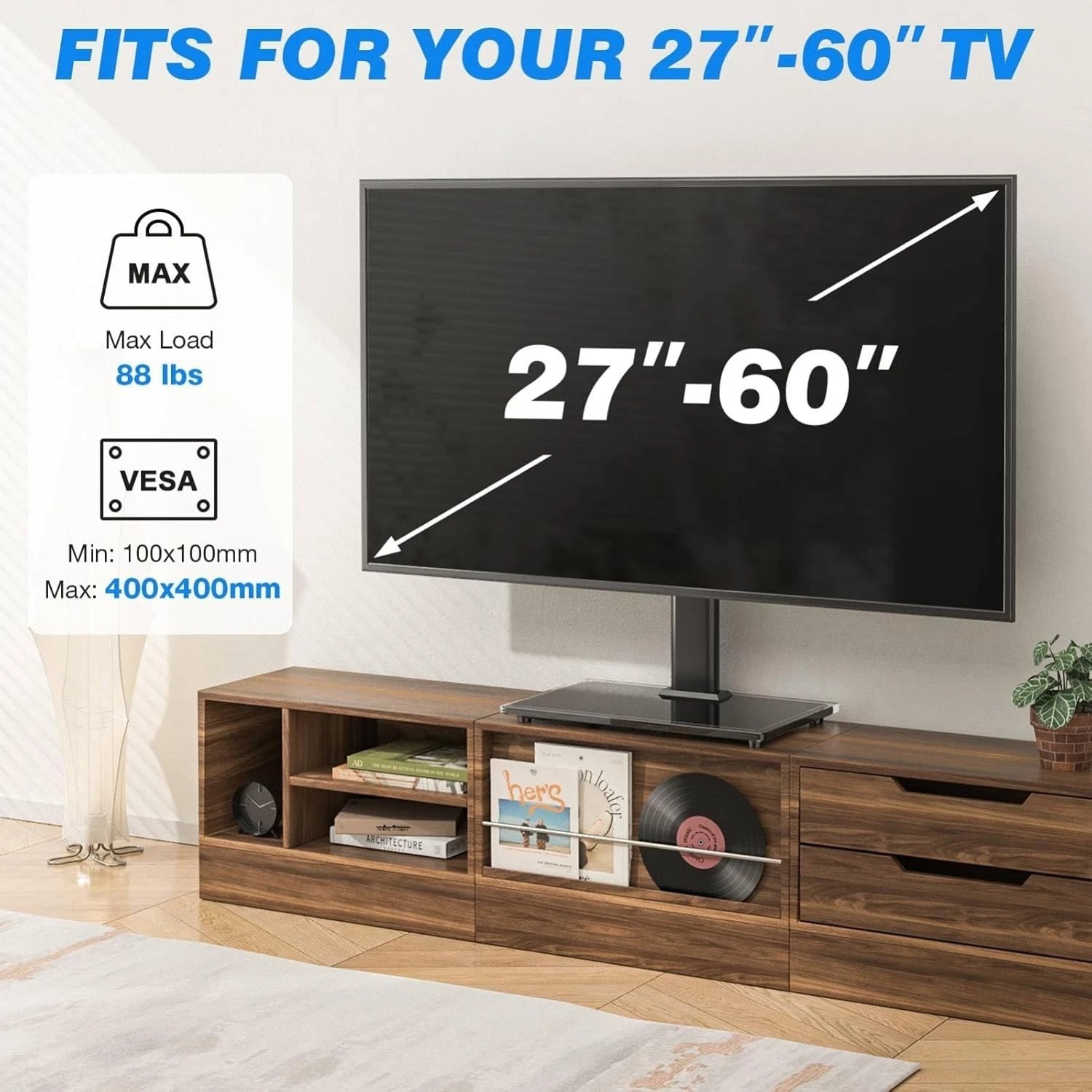 Universal Height Adjustable TV Stand for 27-60 Inch TVs with Tempered Glass Base
