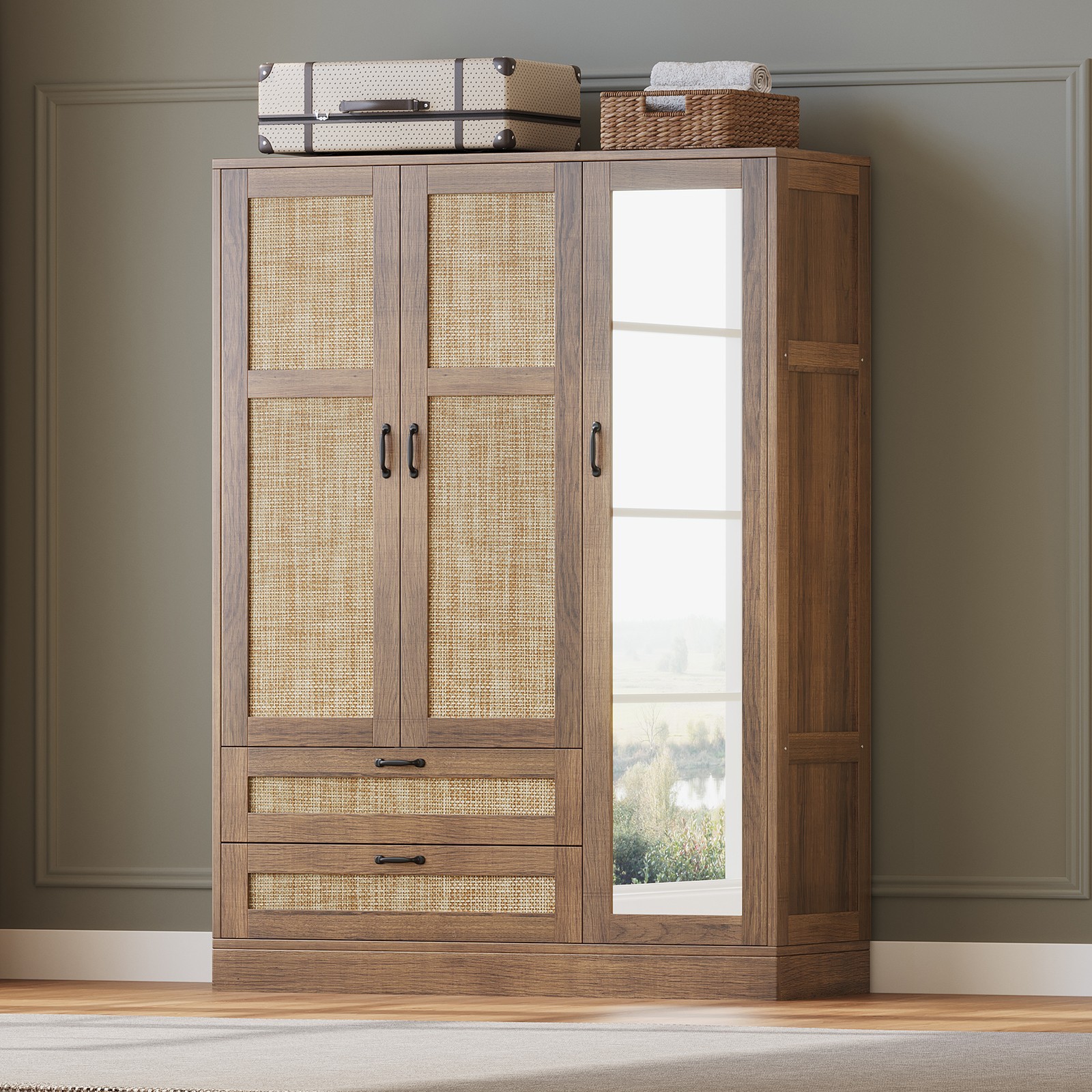 Yanosaku 3-Door Rattan Armoire Wardrobe Full-Length Mirror 2 Drawers Boho