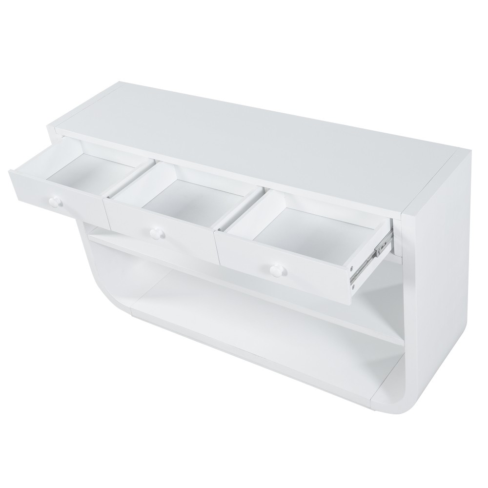 Modern Curved Console Table with 3 Soft-Close Drawers & 2 Open Shelves