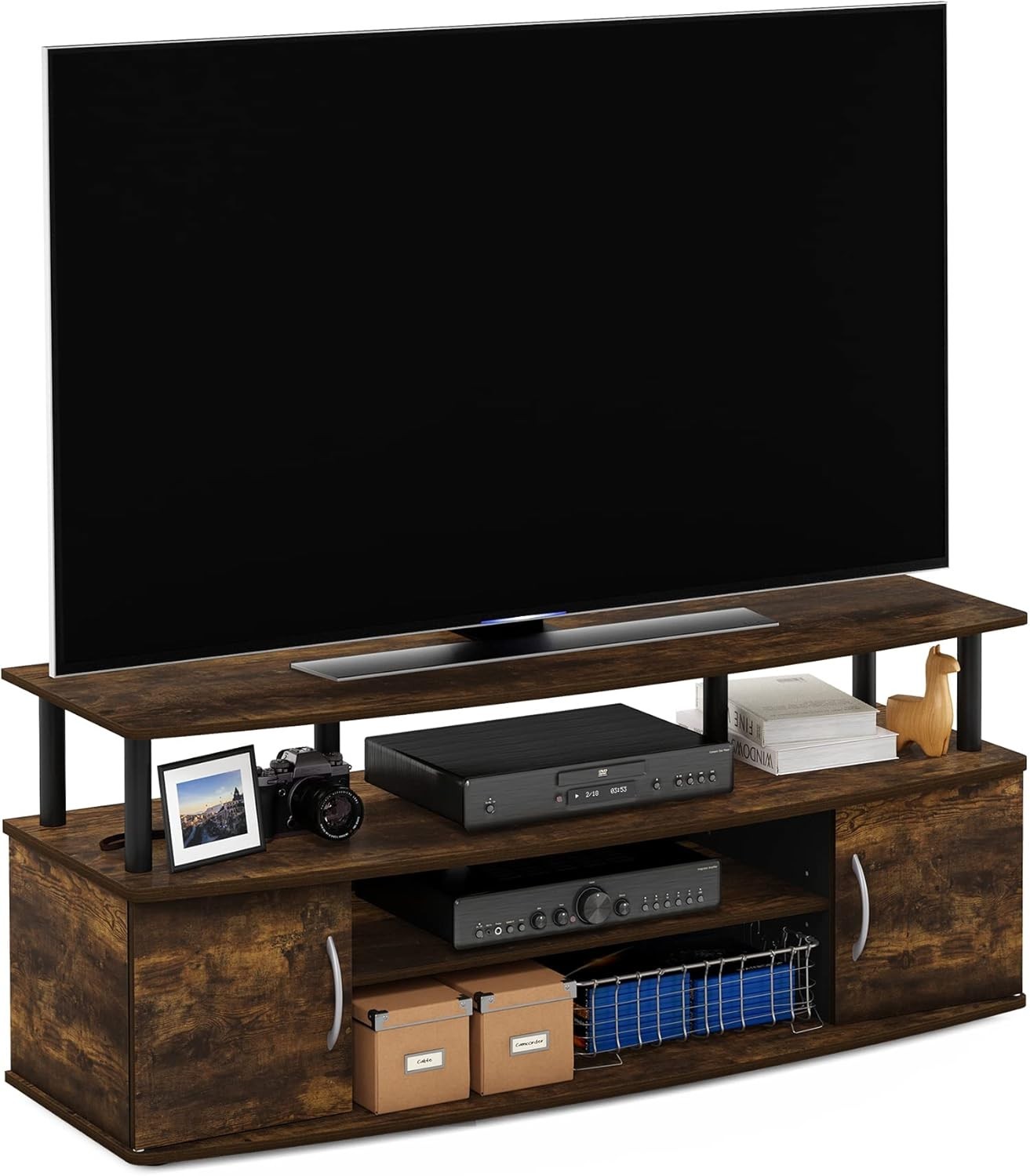Sturdy Entertainment Center for 55 Inch TV with Side Cabinets Amber Pine Black