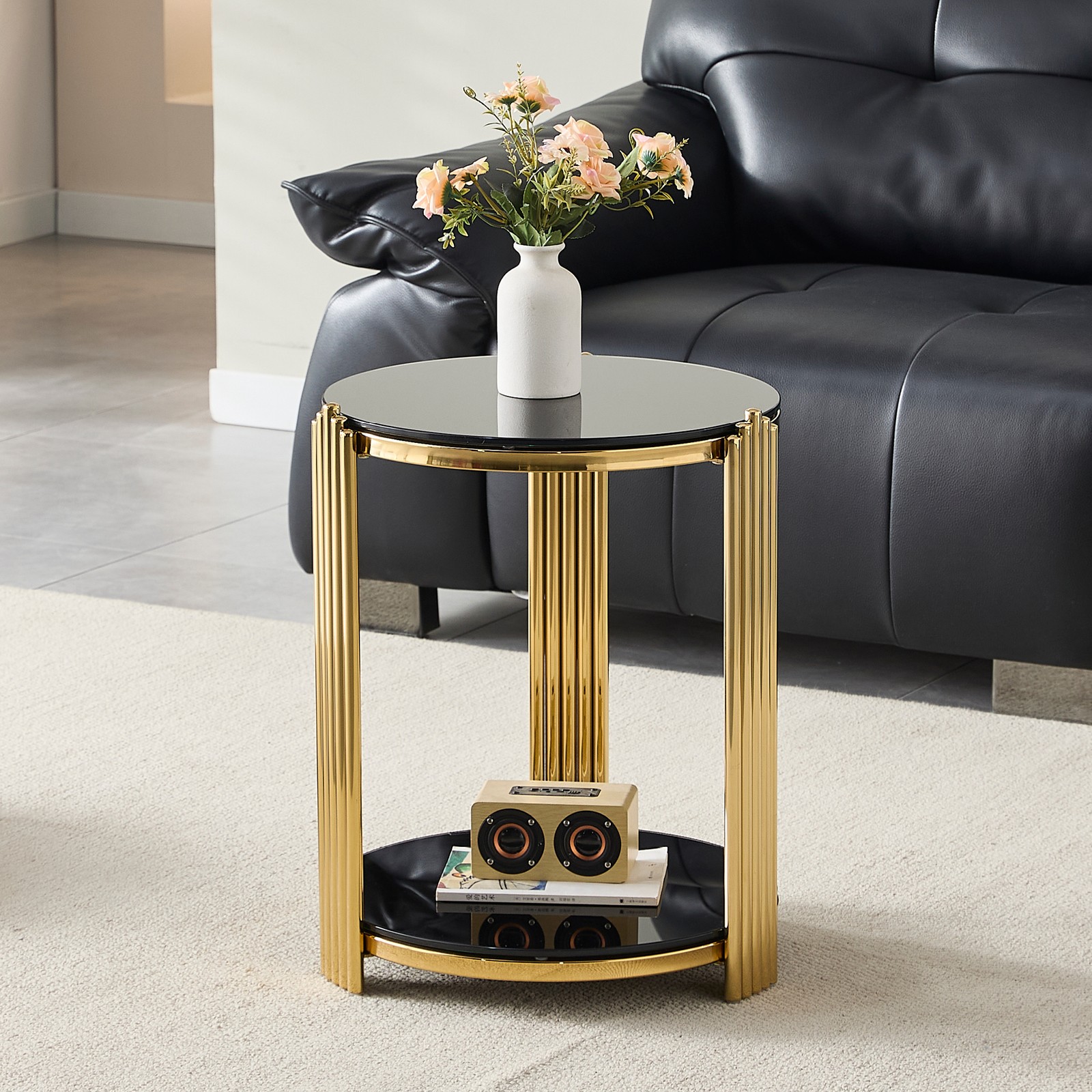 16.9in Round End SideTable Double-Layer Black Glass Gold Stainless Steel Frame