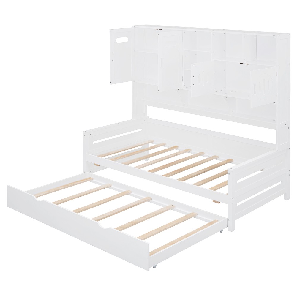 Twin Size Wooden Daybed with Twin Trundle Cabinet Shelf Storage