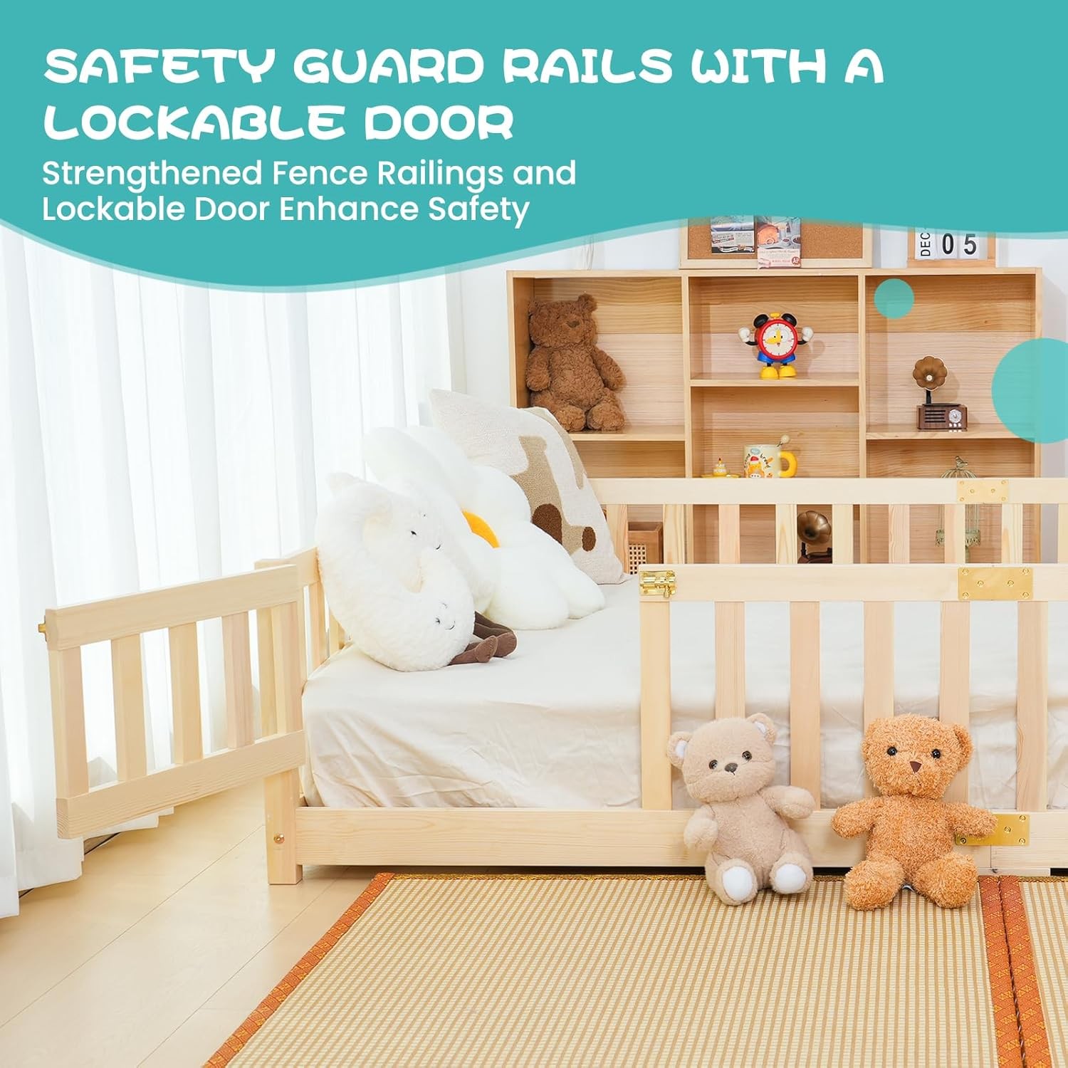 H&ZT 78″Lx42″W Toddler Floor Bed, Montessori Floor Bed with Rails Lockable Door
