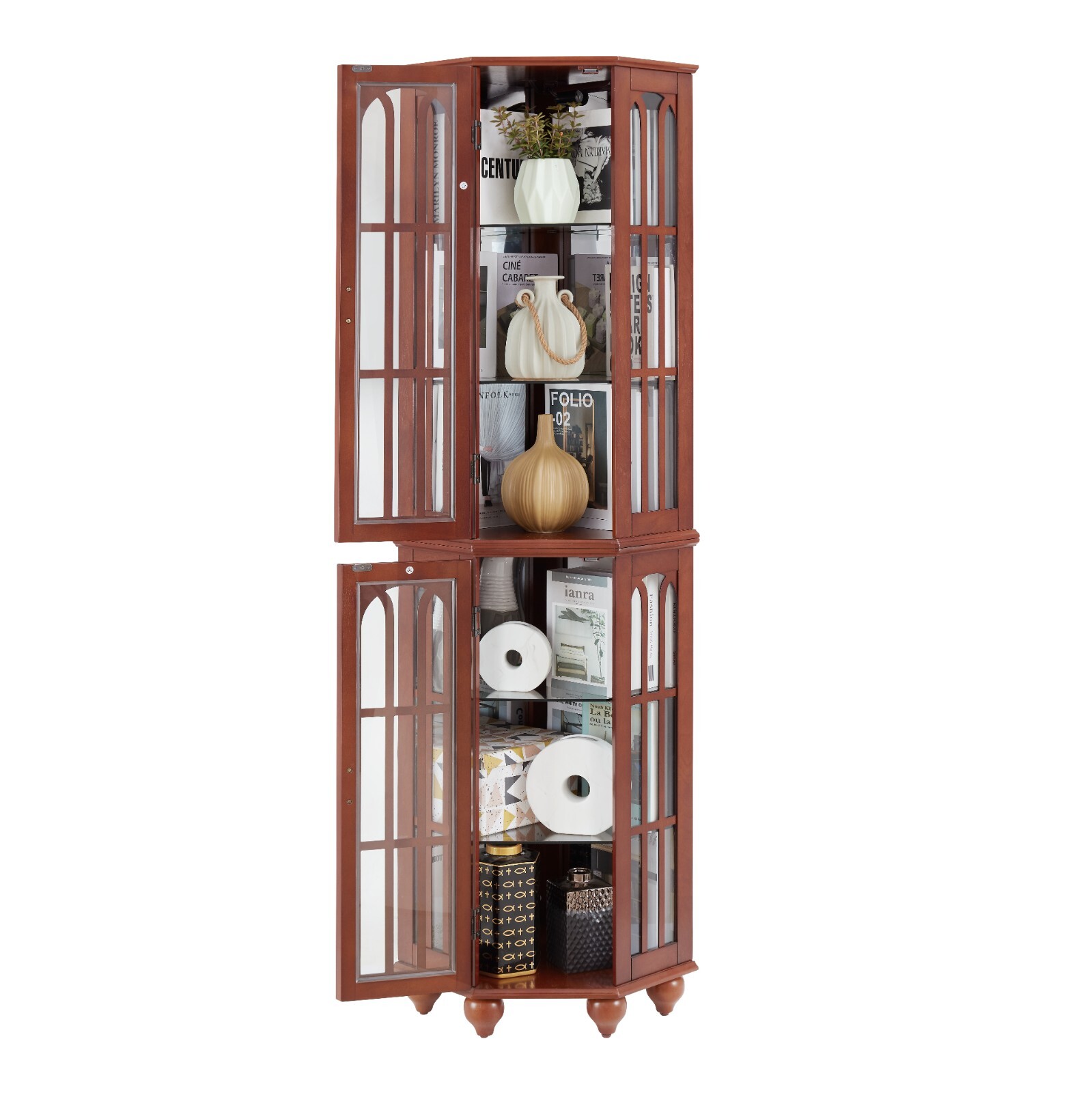 70 Inch Corner Display Cabinet, lights, Tempered Glass, Solid Wood Legs, Walnut