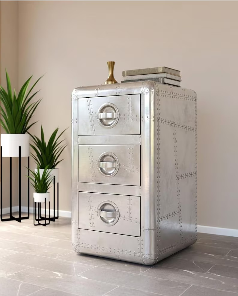 3-Drawer Industrial Aviator Nightstand, End Table, Metal Bedside Cabinet