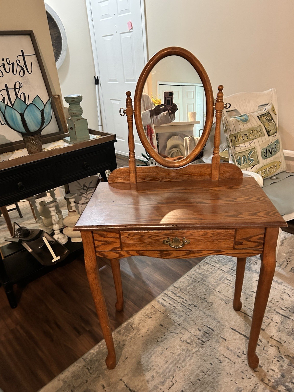 Wood Vanity Table Oval Mirror 1 Drawer Brown Medium Tone 38x30x52 in