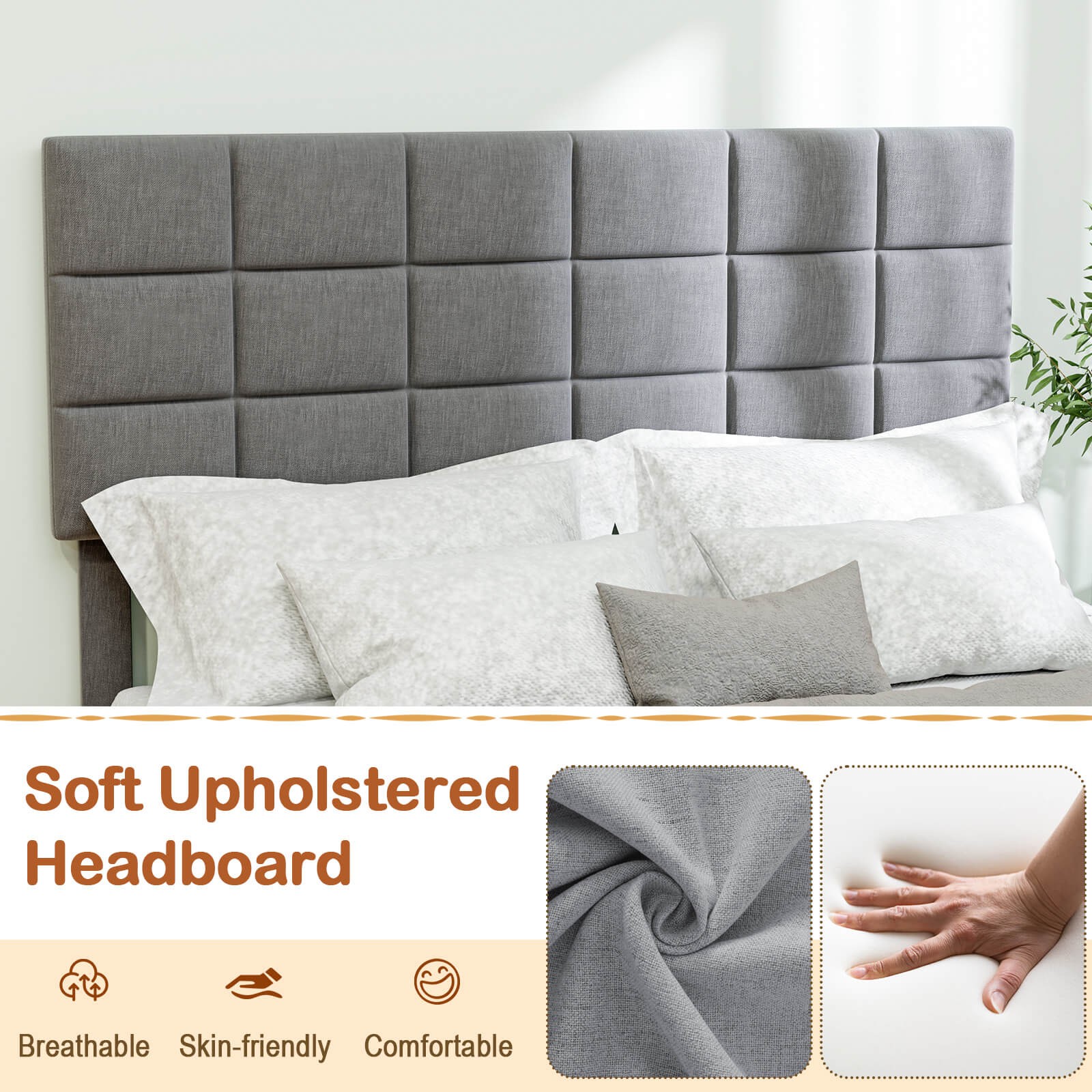 Queen Size Bed Frame Modern Linen Fabric Upholstered Platform Bed with Headboard