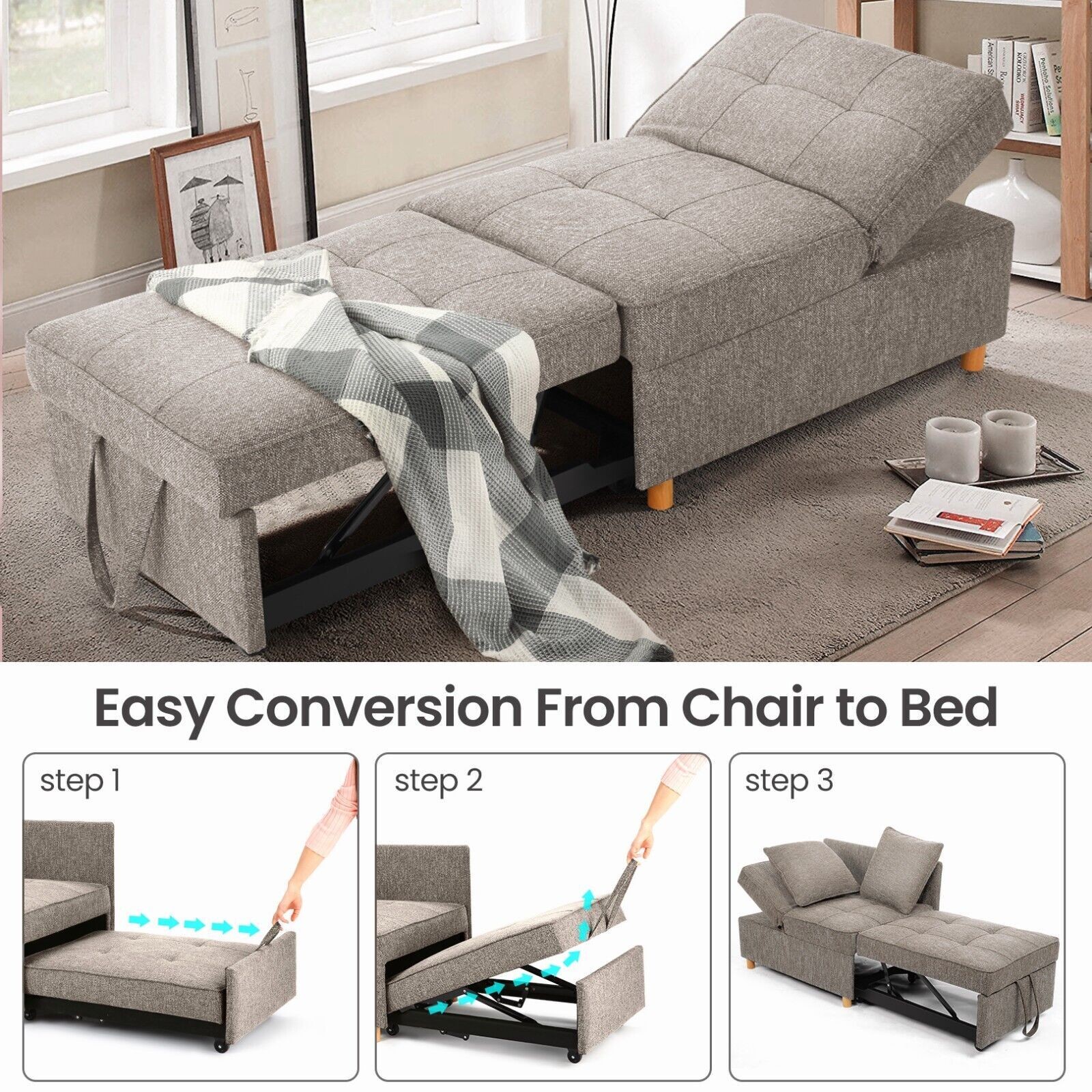 4 in1 Folding Ottoman Sofa Bed Chair Sleeper Sofa Adjustable Backrest 2 Pillows✨
