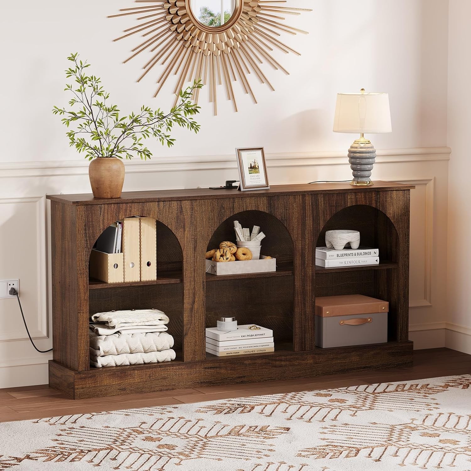 For 65-70In TV Console Table 63″ Arched TV Stand w/ Power Outlets & Open Shelves
