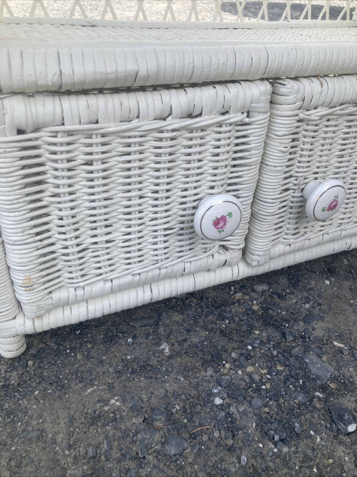 Vintage White Wicker Vanity Mirror Wall Bathroom Two Tier Shelving Unit Shabby