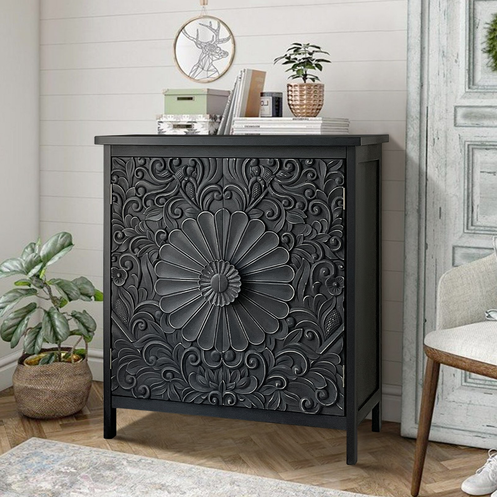 Vintage Buffet Sideboard Storage 2-Door Black Flower Carving Distressed Storage